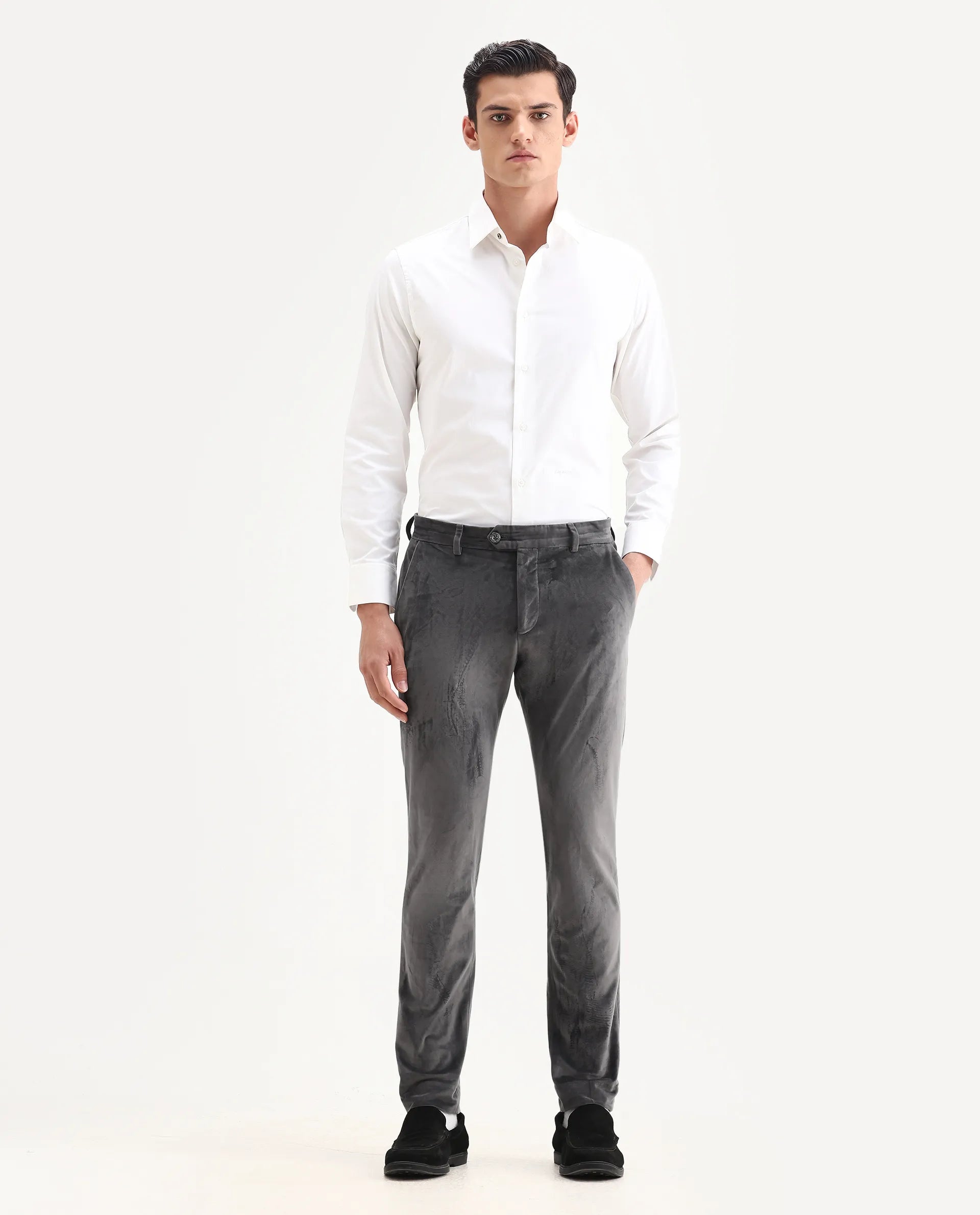 Rare Rabbit Men's Ozzy Grey Velvet Plain Slim Fit Trouser