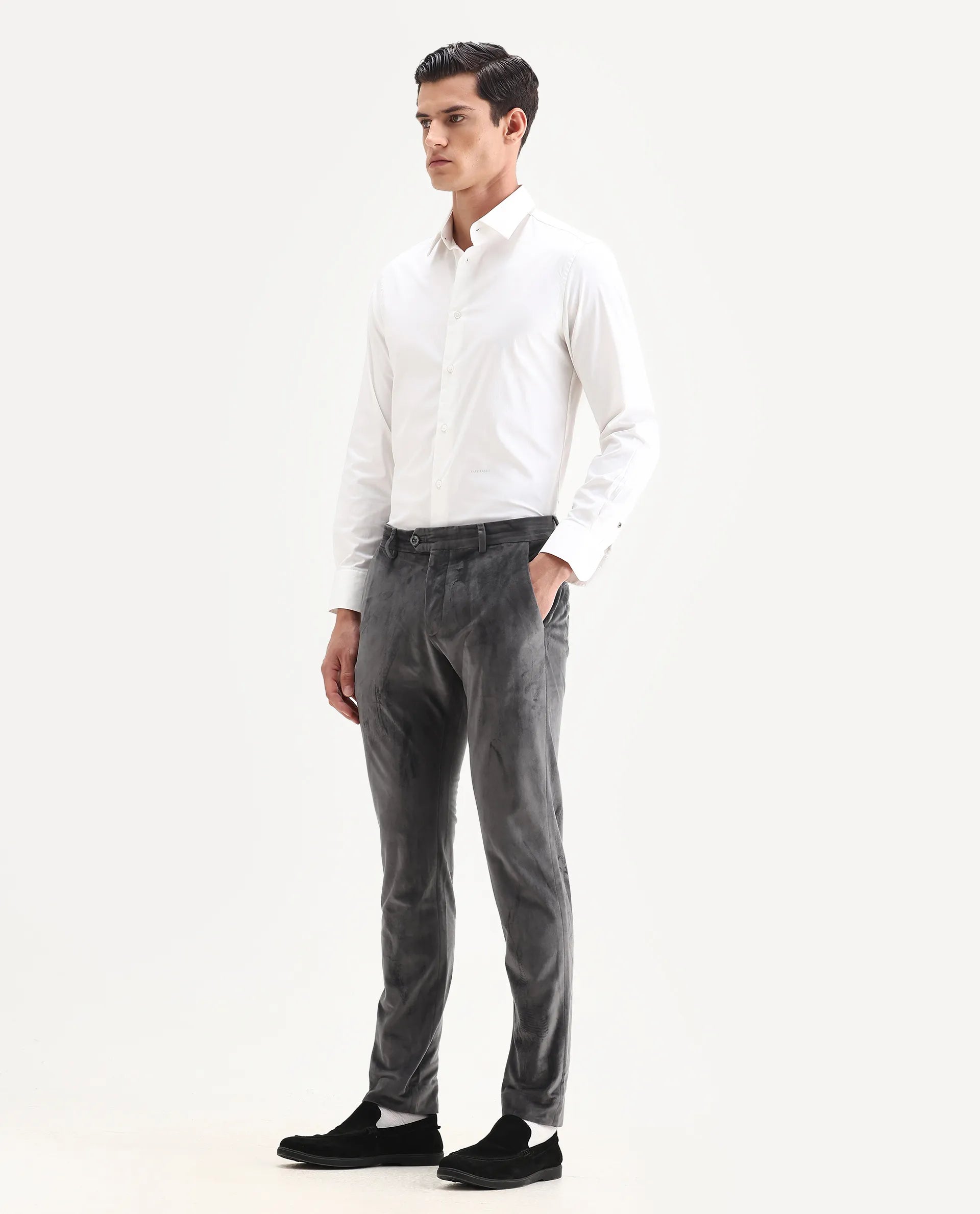 Rare Rabbit Men's Ozzy Grey Velvet Plain Slim Fit Trouser