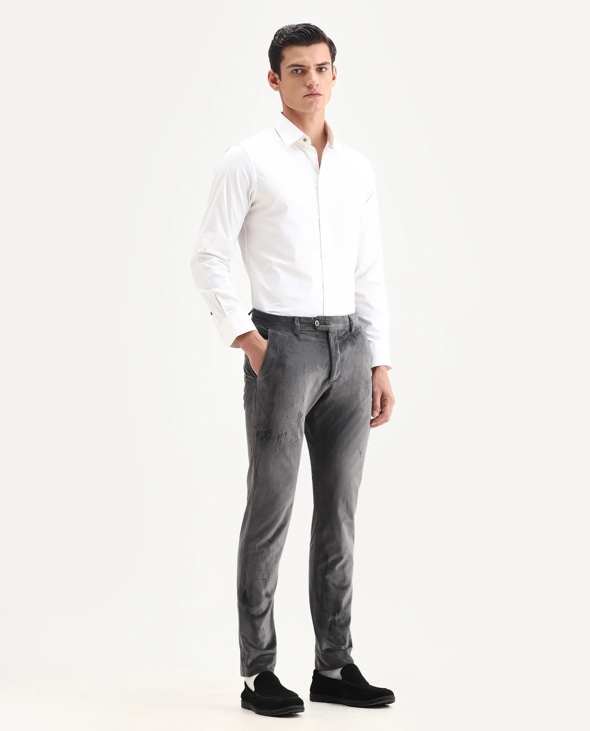 Rare Rabbit Men's Ozzy Grey Velvet Plain Slim Fit Trouser