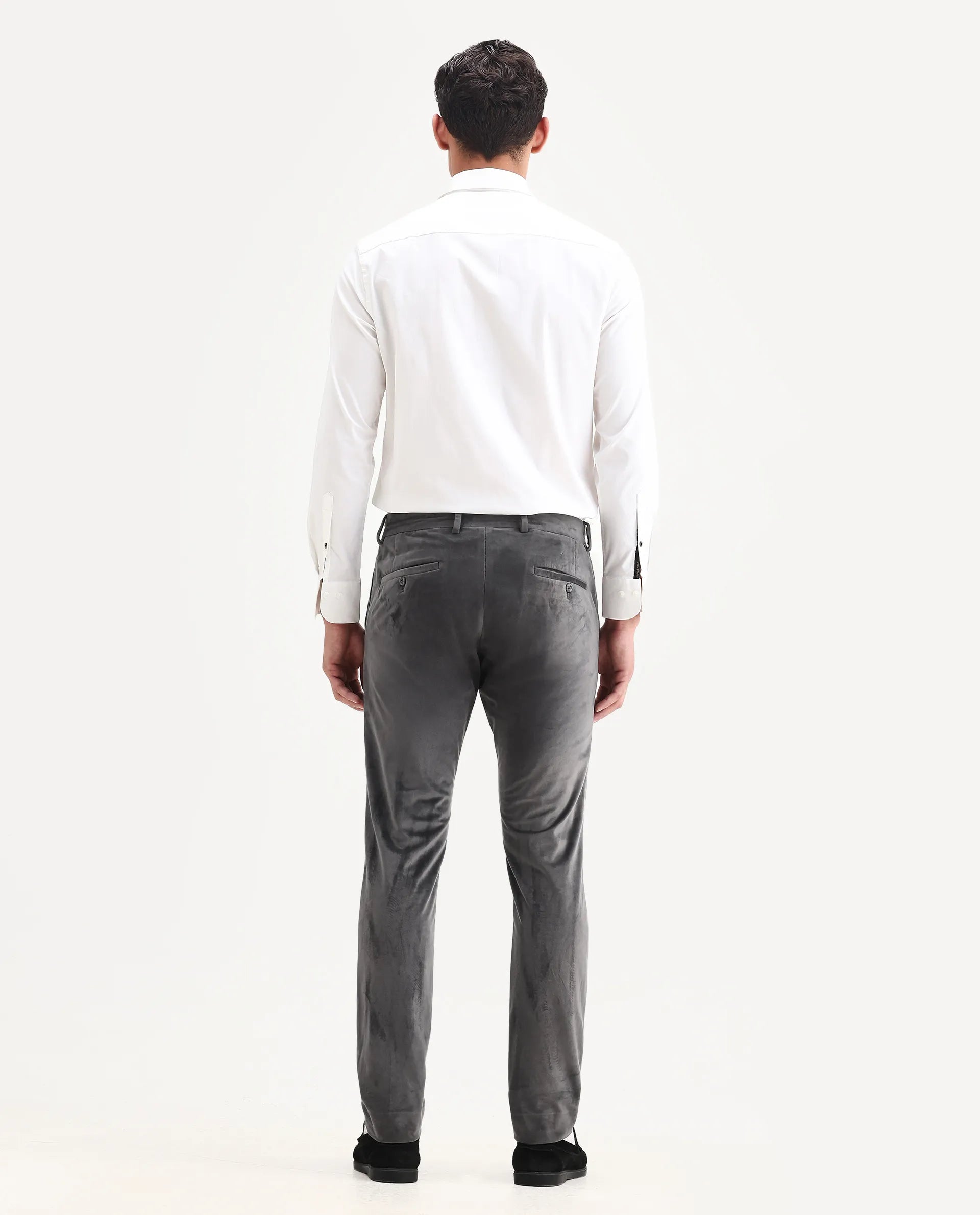Rare Rabbit Men's Ozzy Grey Velvet Plain Slim Fit Trouser