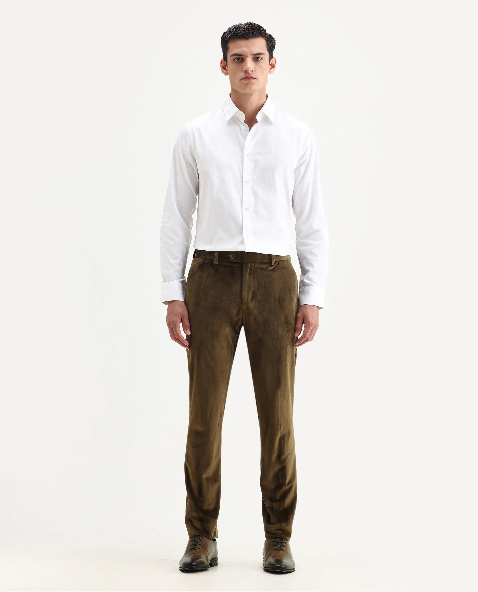 Rare Rabbit Men's Ozzy Olive Velvet Plain Slim Fit Trouser