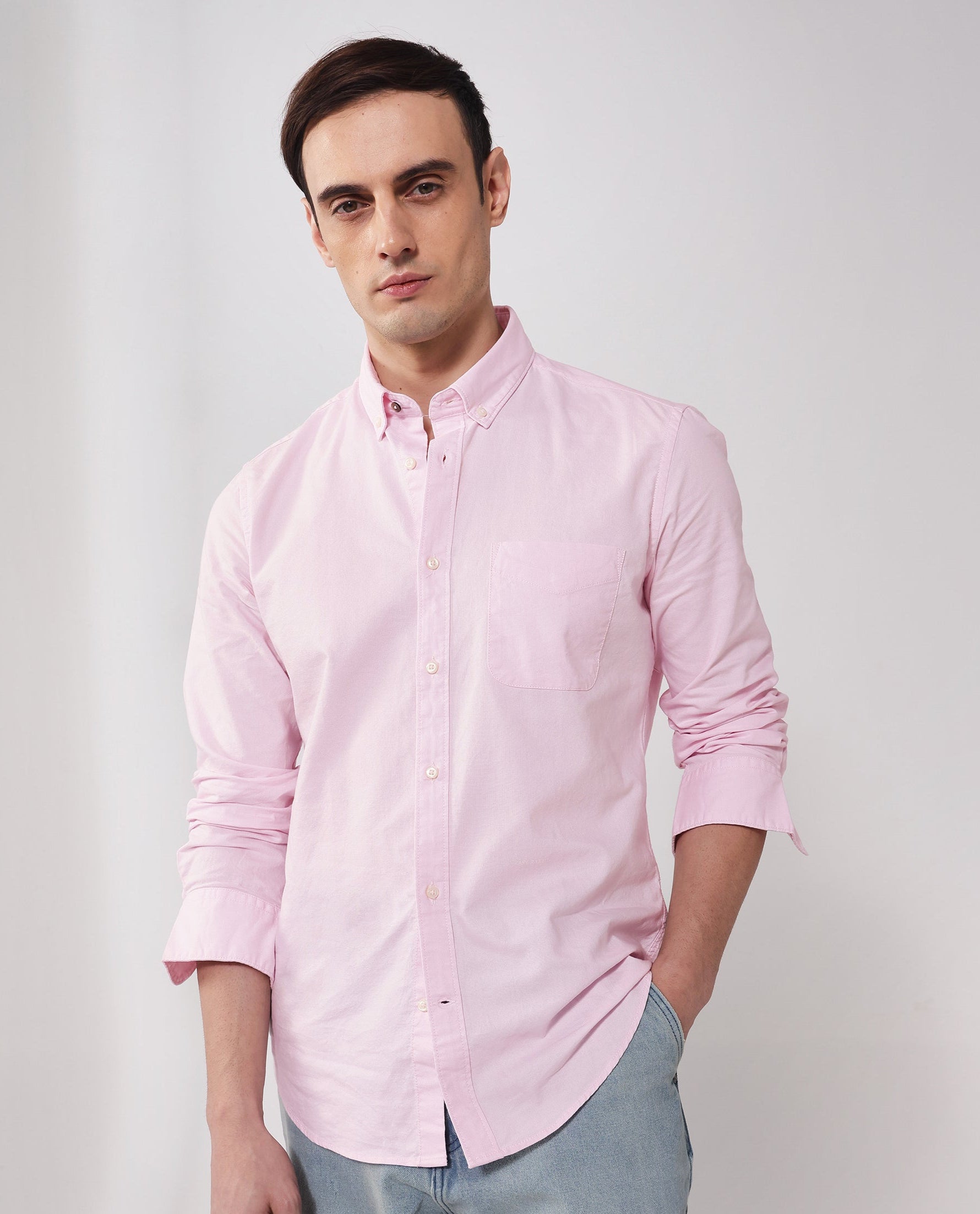 Rare Rabbit Men's Auxfo Light Pink Cotton Fabric Full Sleeves Solid Shirt