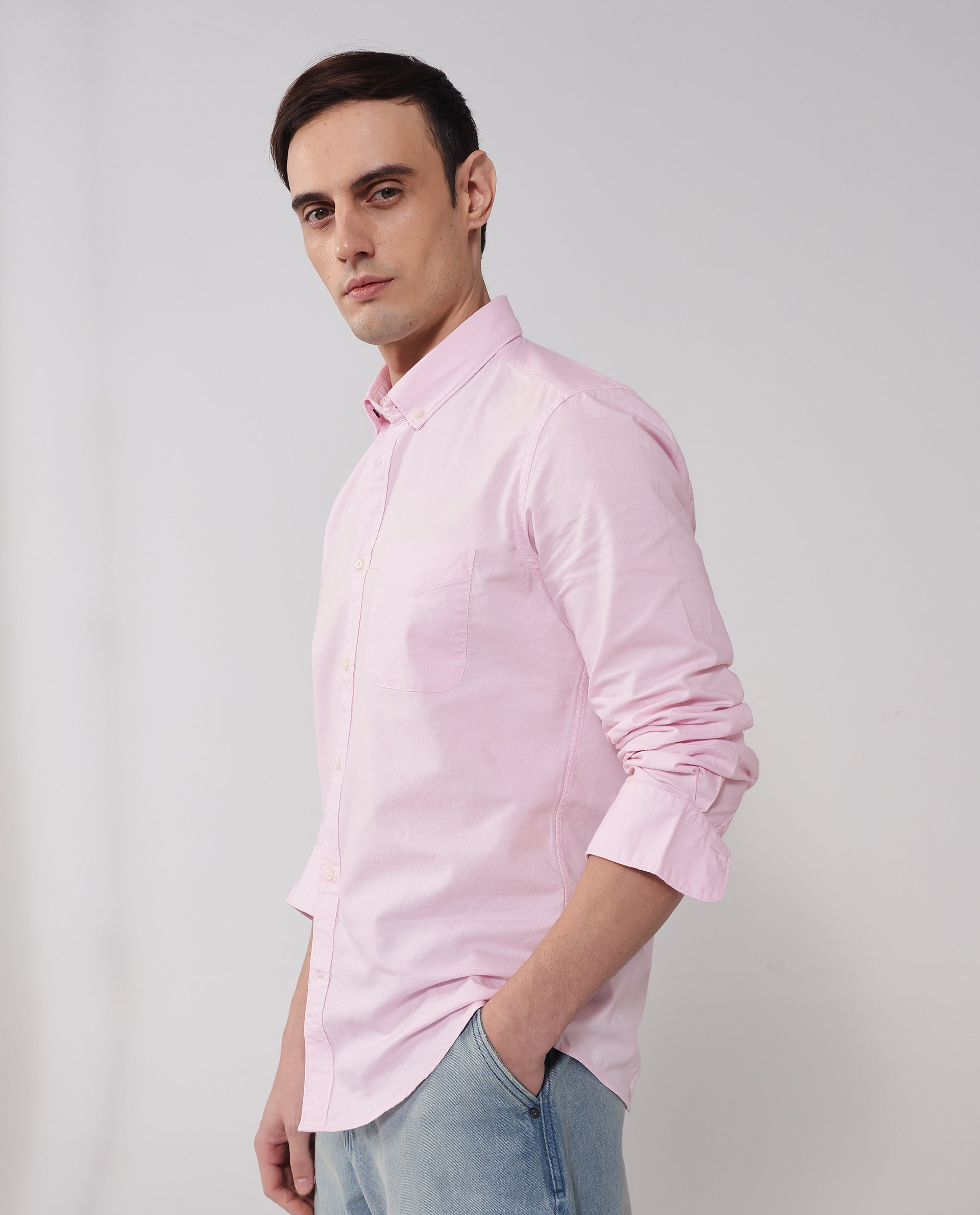 Rare Rabbit Men's Auxfo Light Pink Cotton Fabric Full Sleeves Solid Shirt