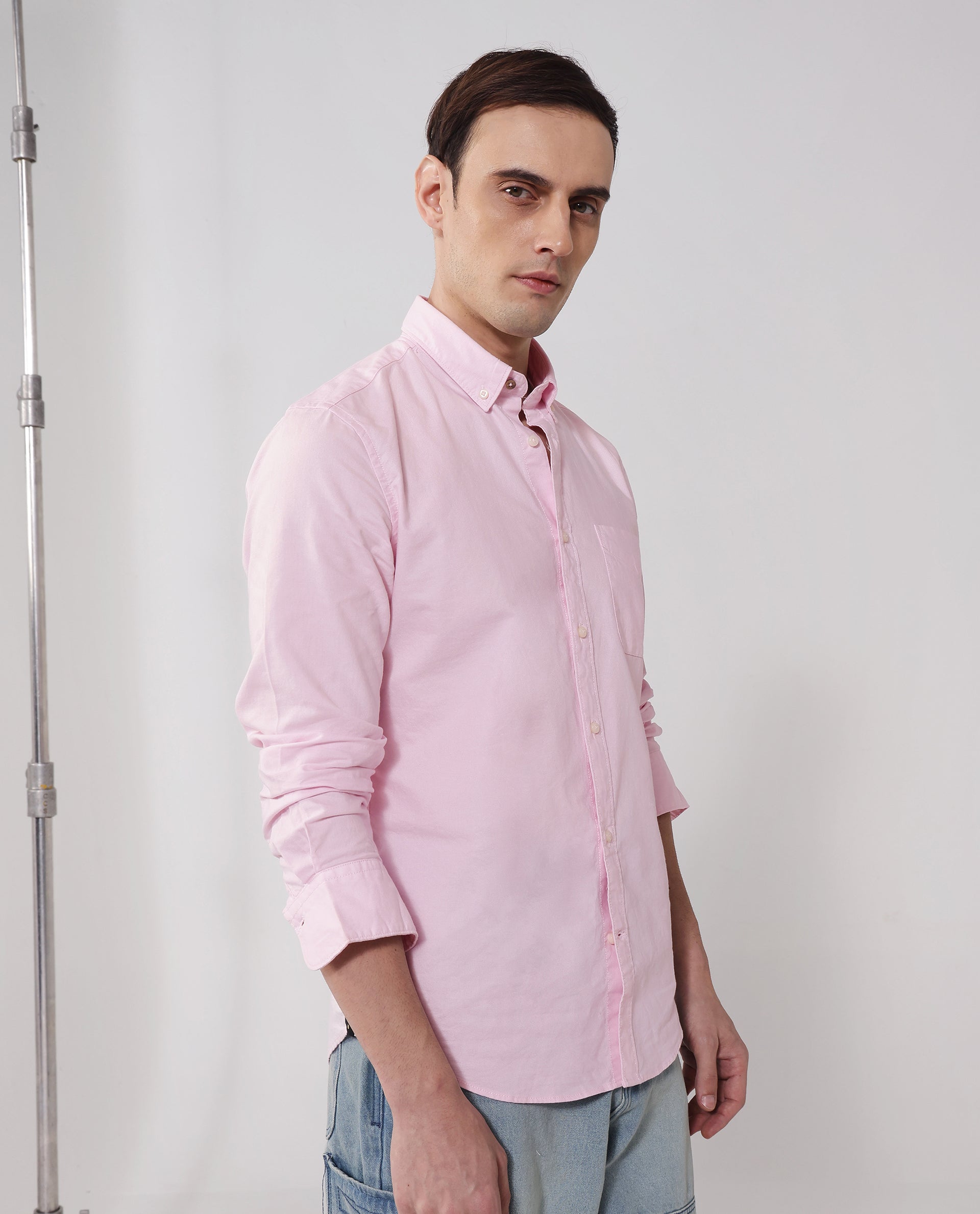 Rare Rabbit Men's Auxfo Light Pink Cotton Fabric Full Sleeves Solid Shirt
