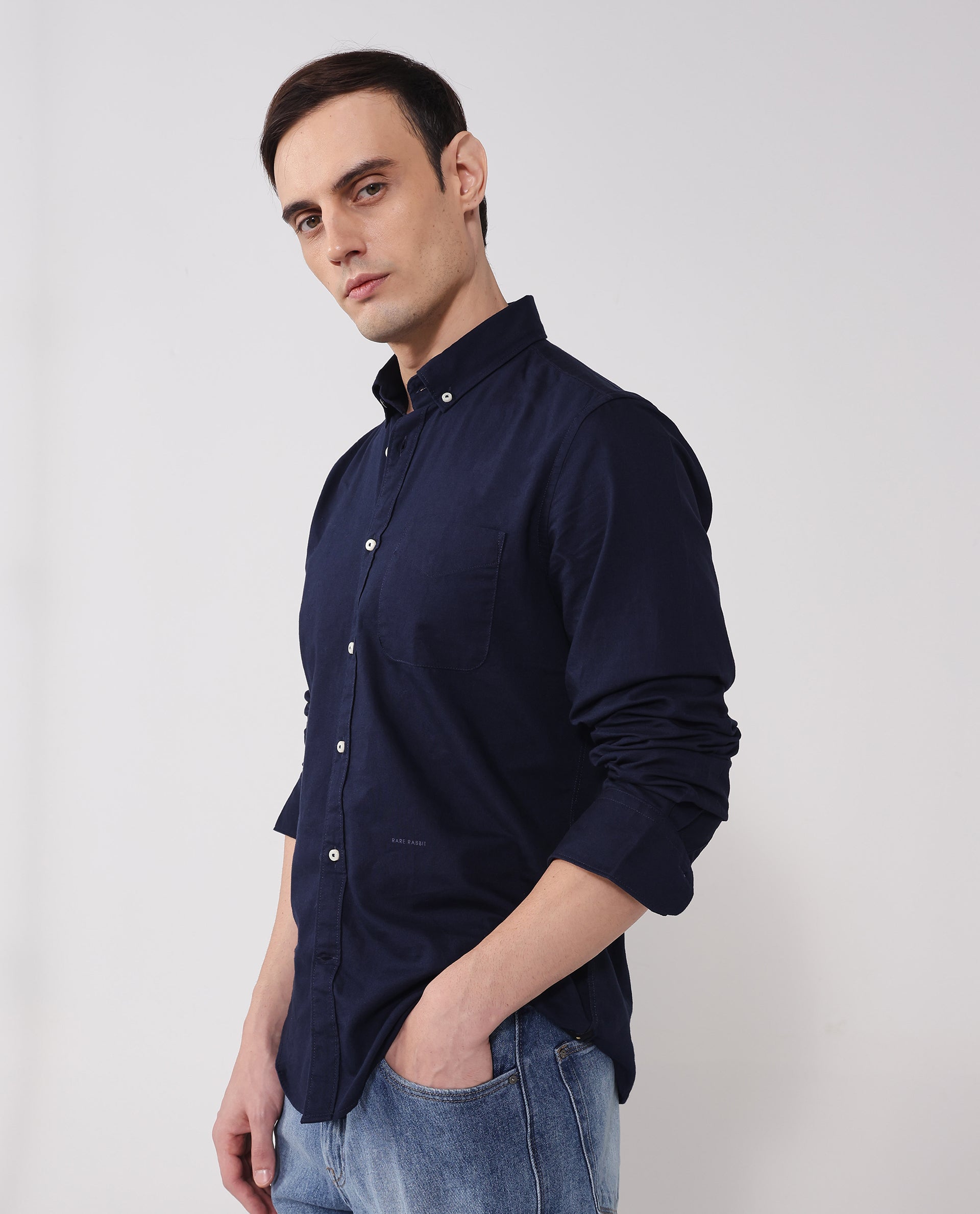Rare Rabbit Men's Auxfo Navy Cotton Fabric Full Sleeves Solid Shirt