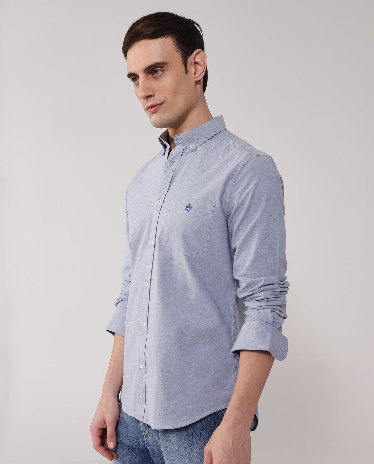 Rare Rabbit Men Oxob Dusky Blue Full Sleeve Collared Neck Button Closure Regular Fit Plain Shirt