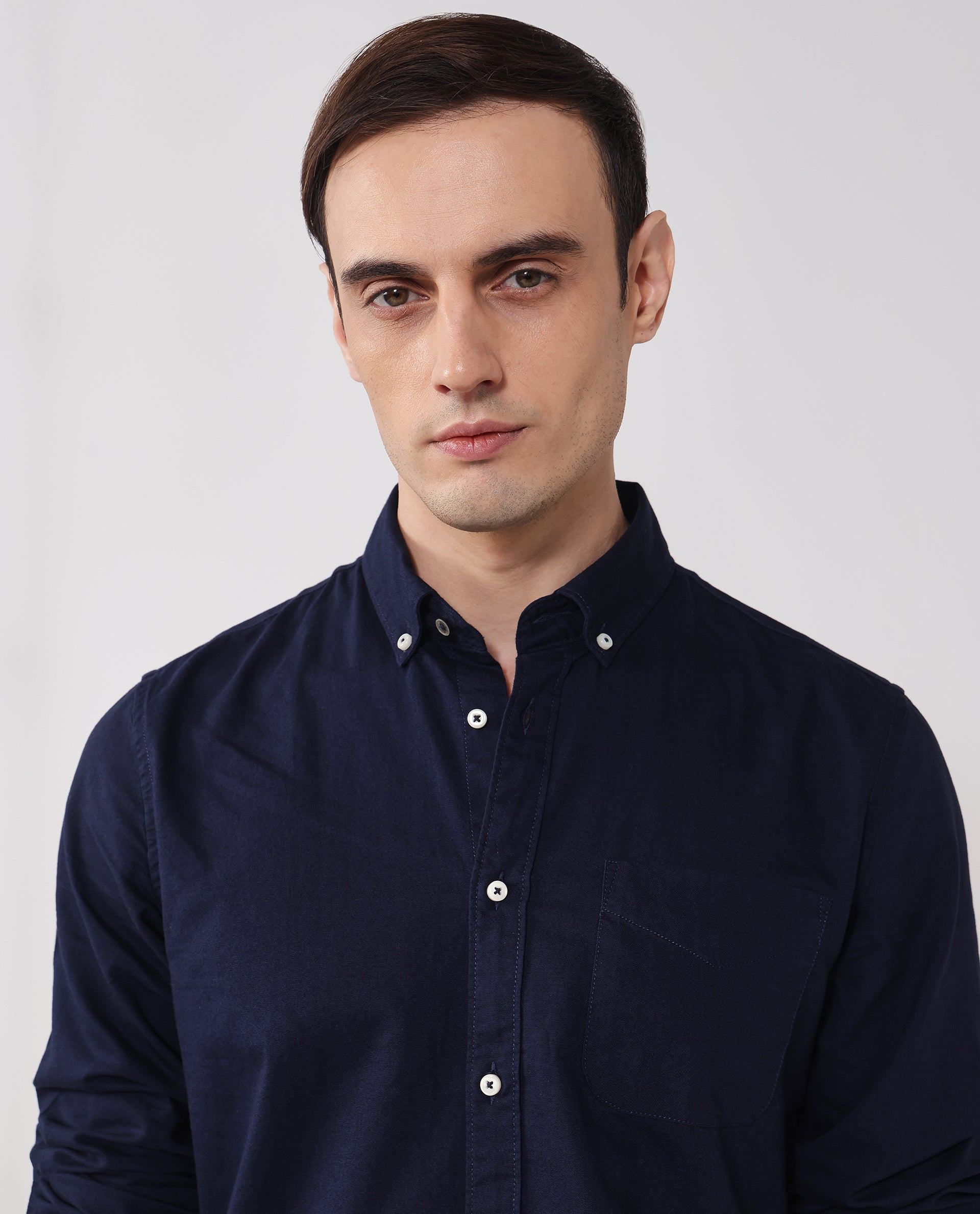 Rare Rabbit Men's Auxfo Navy Cotton Fabric Full Sleeves Solid Shirt