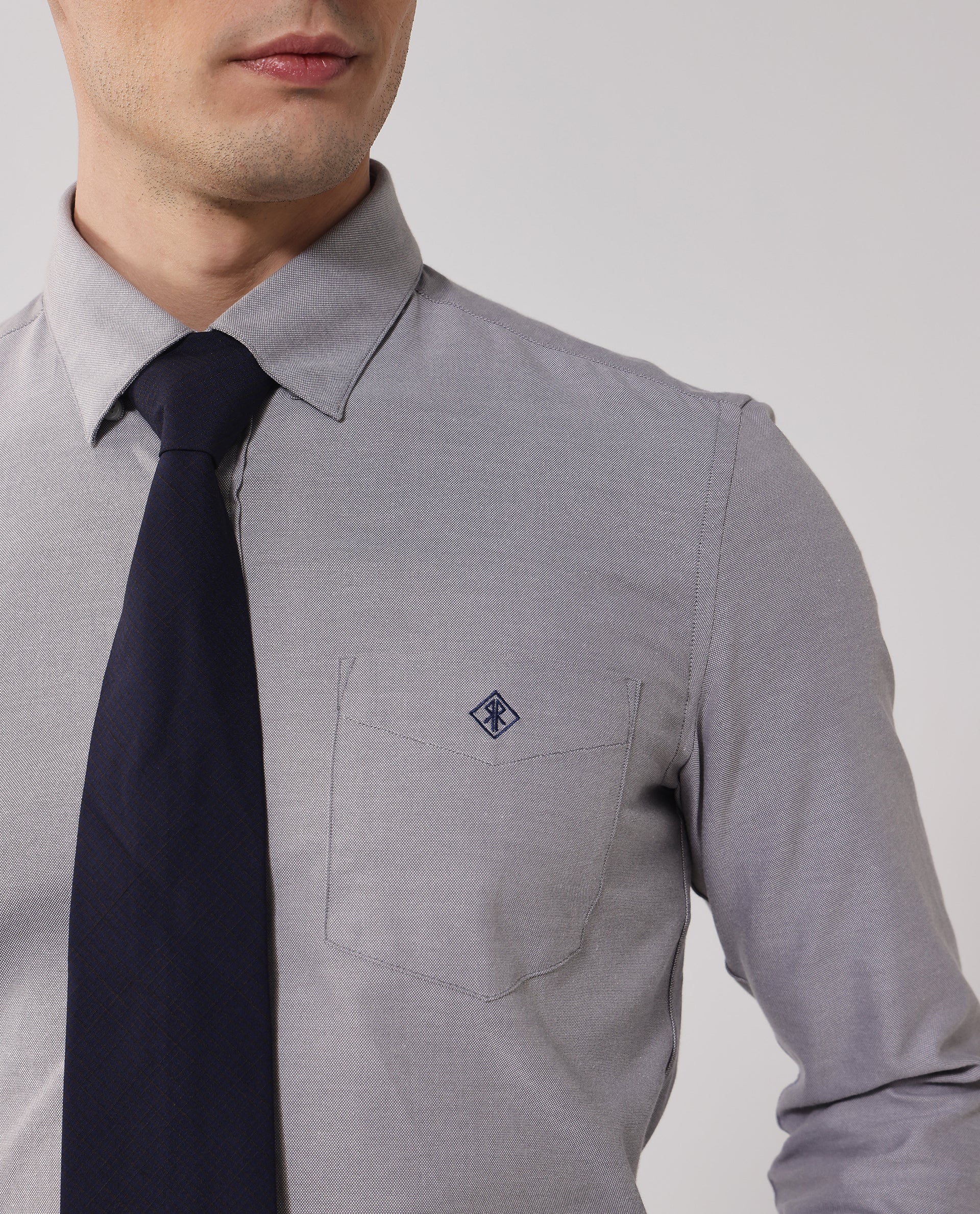 Rare Rabbit Men's Oxfom Grey Cotton Polyester Fabric Full Sleeves Button Down Collar Regular Fit Plain Formal Shirt