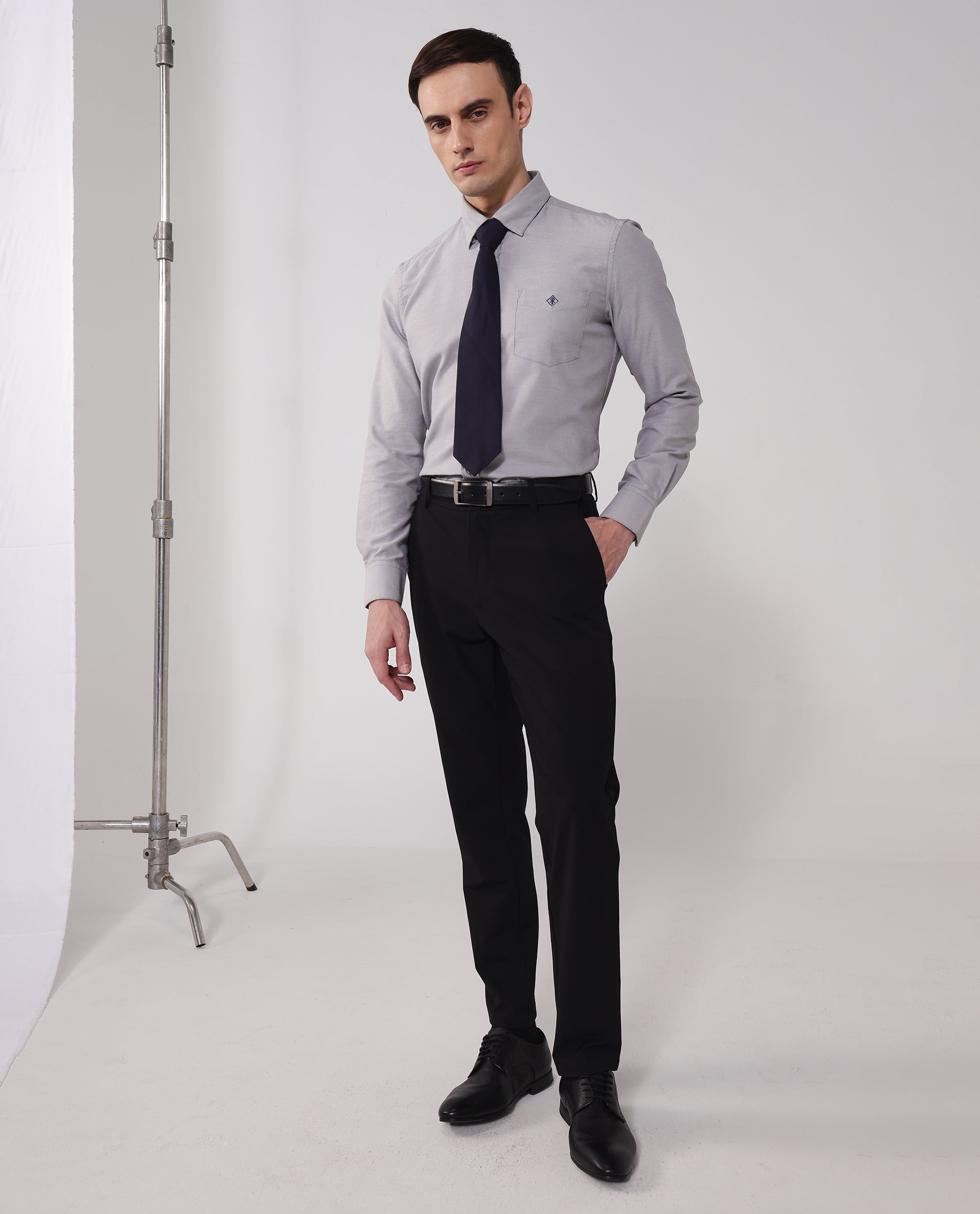 Rare Rabbit Men's Oxfom Grey Cotton Polyester Fabric Full Sleeves Button Down Collar Regular Fit Plain Formal Shirt