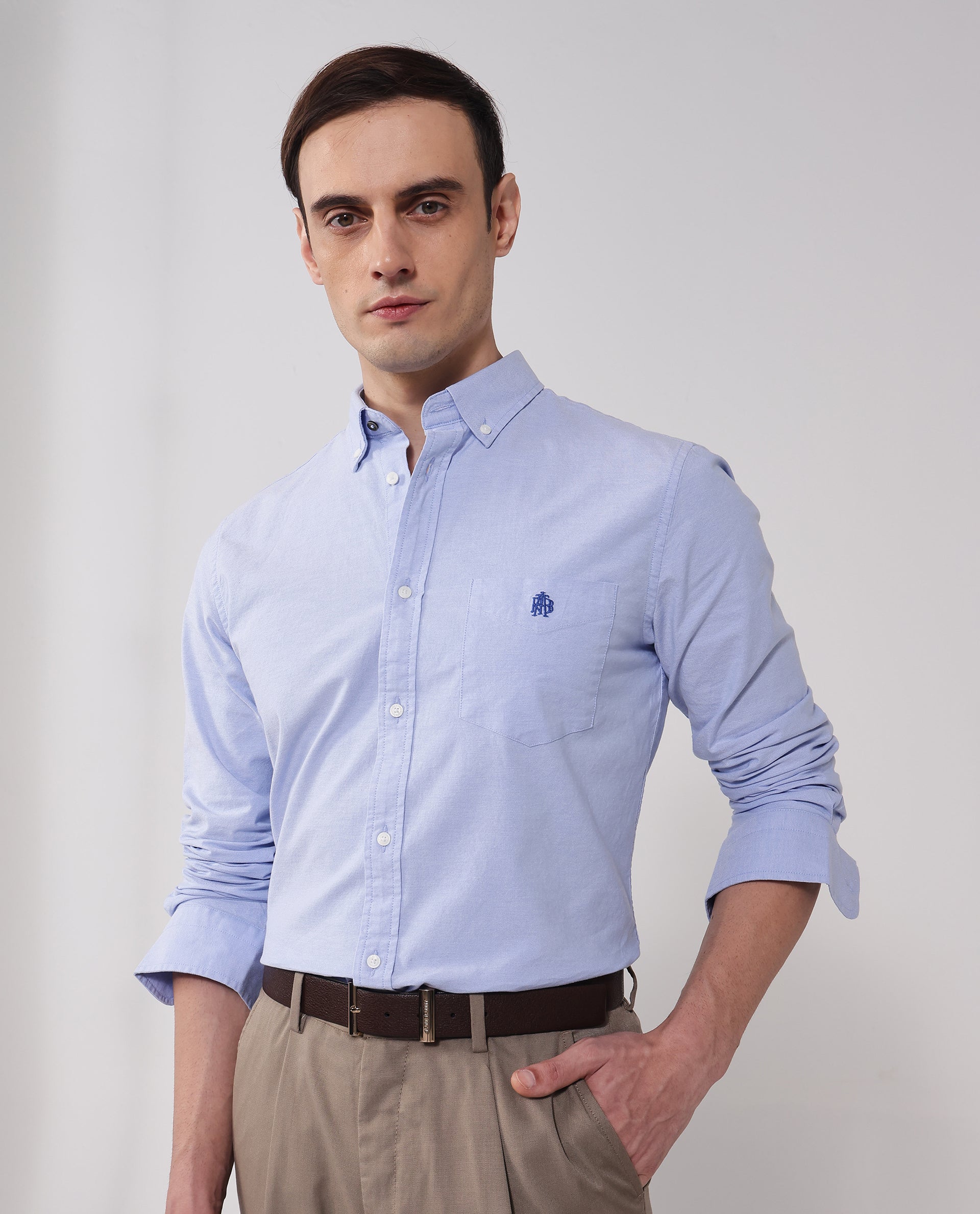 Rare Rabbit Men Oxob Light Blue Cotton Spandex Fabric Full Sleeve Button Down Collar Regular Fit Embroidered Logo Plain Shirt