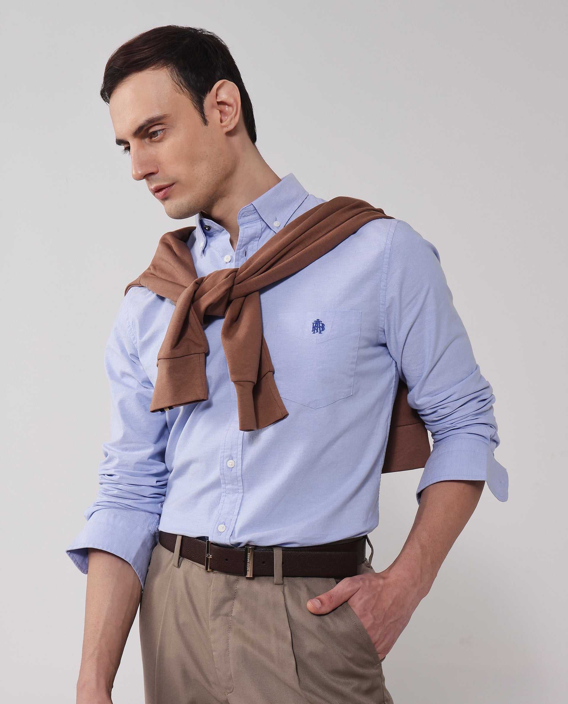 Rare Rabbit Men Oxob Light Blue Cotton Spandex Fabric Full Sleeve Button Down Collar Regular Fit Embroidered Logo Plain Shirt