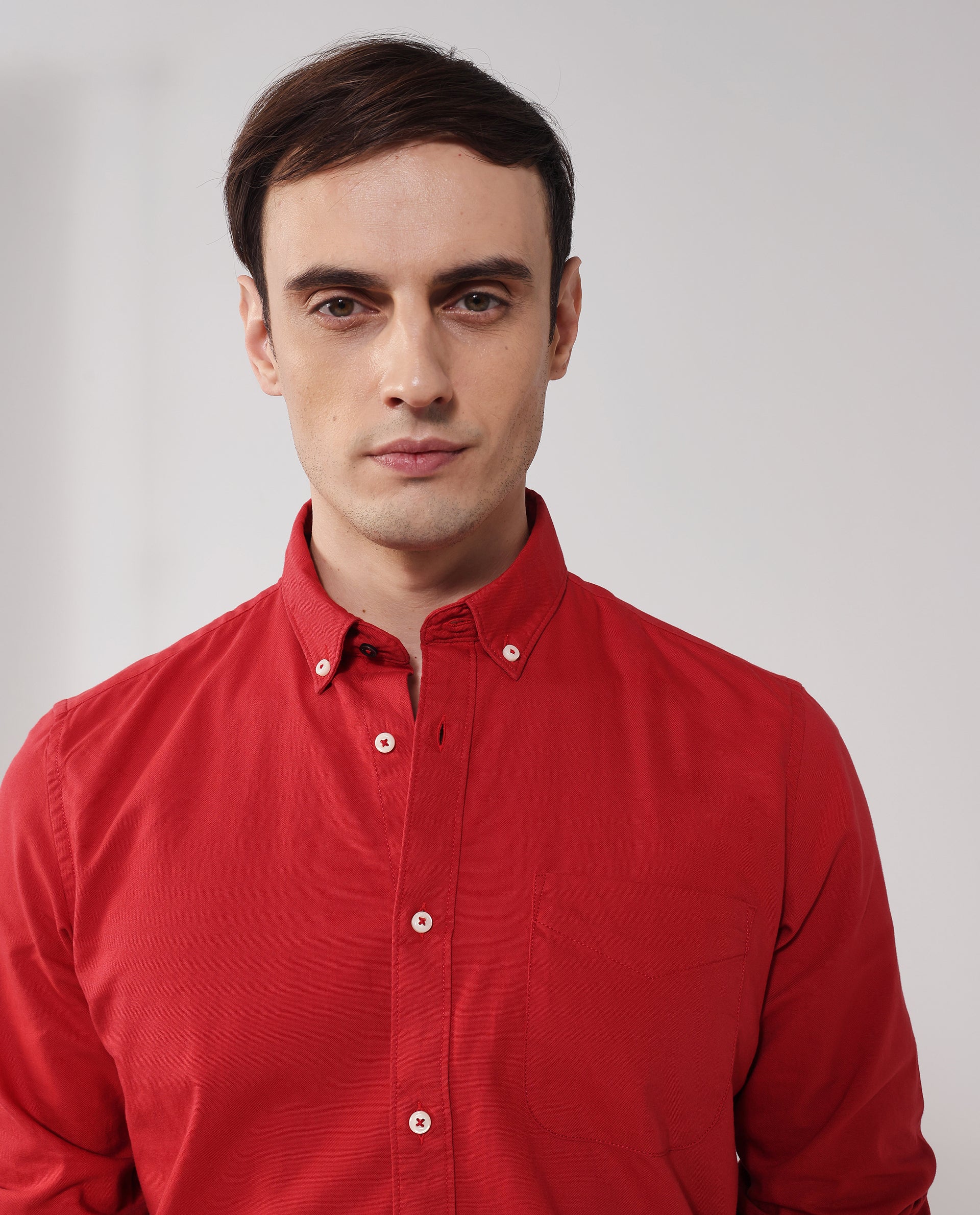 Rare Rabbit Men's Auxfo Red Cotton Fabric Full Sleeves Solid Formal Shirt