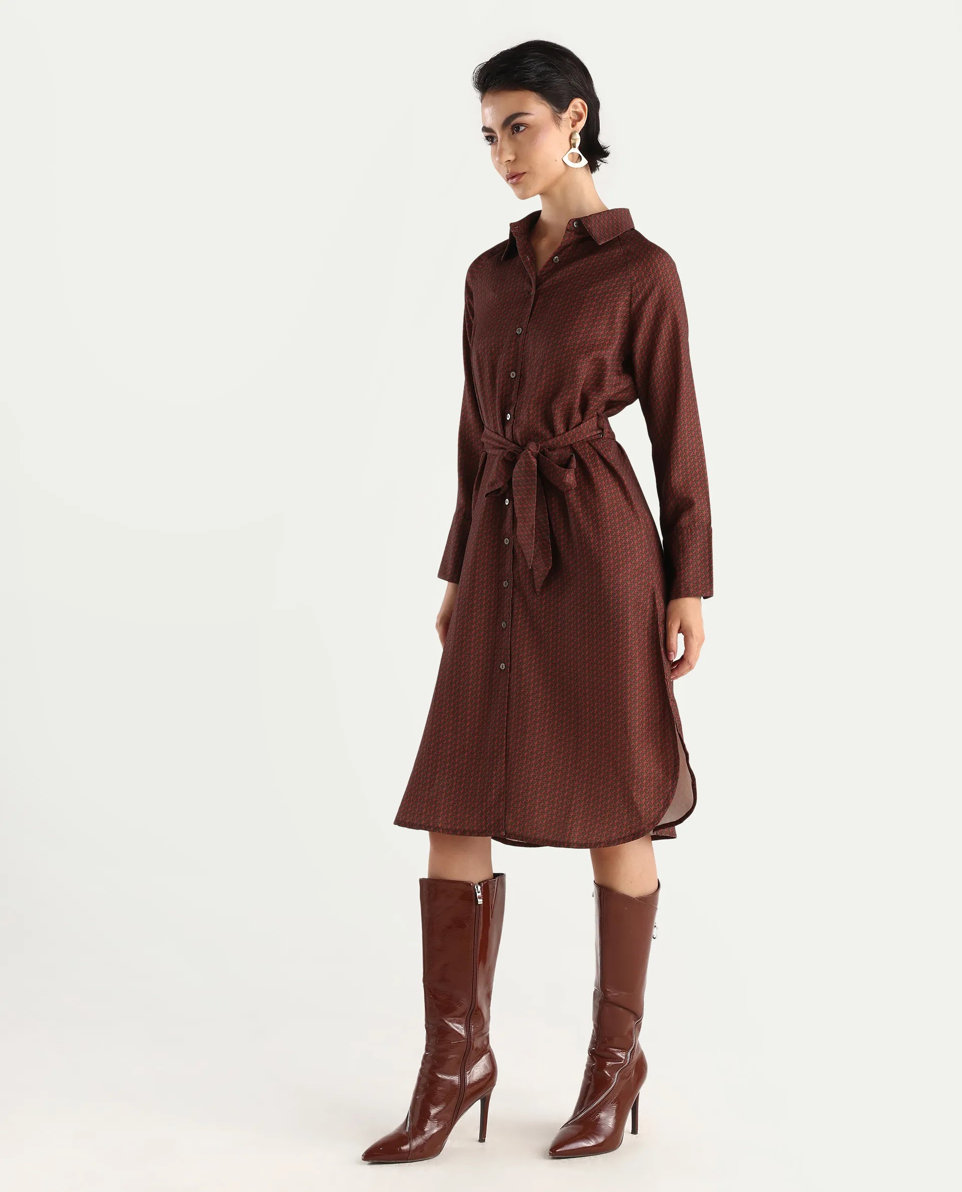 Rareism Women's Paari Multi Polyester Spread Collar Plain Cuffed Sleeve Midi Straight Fit Dress