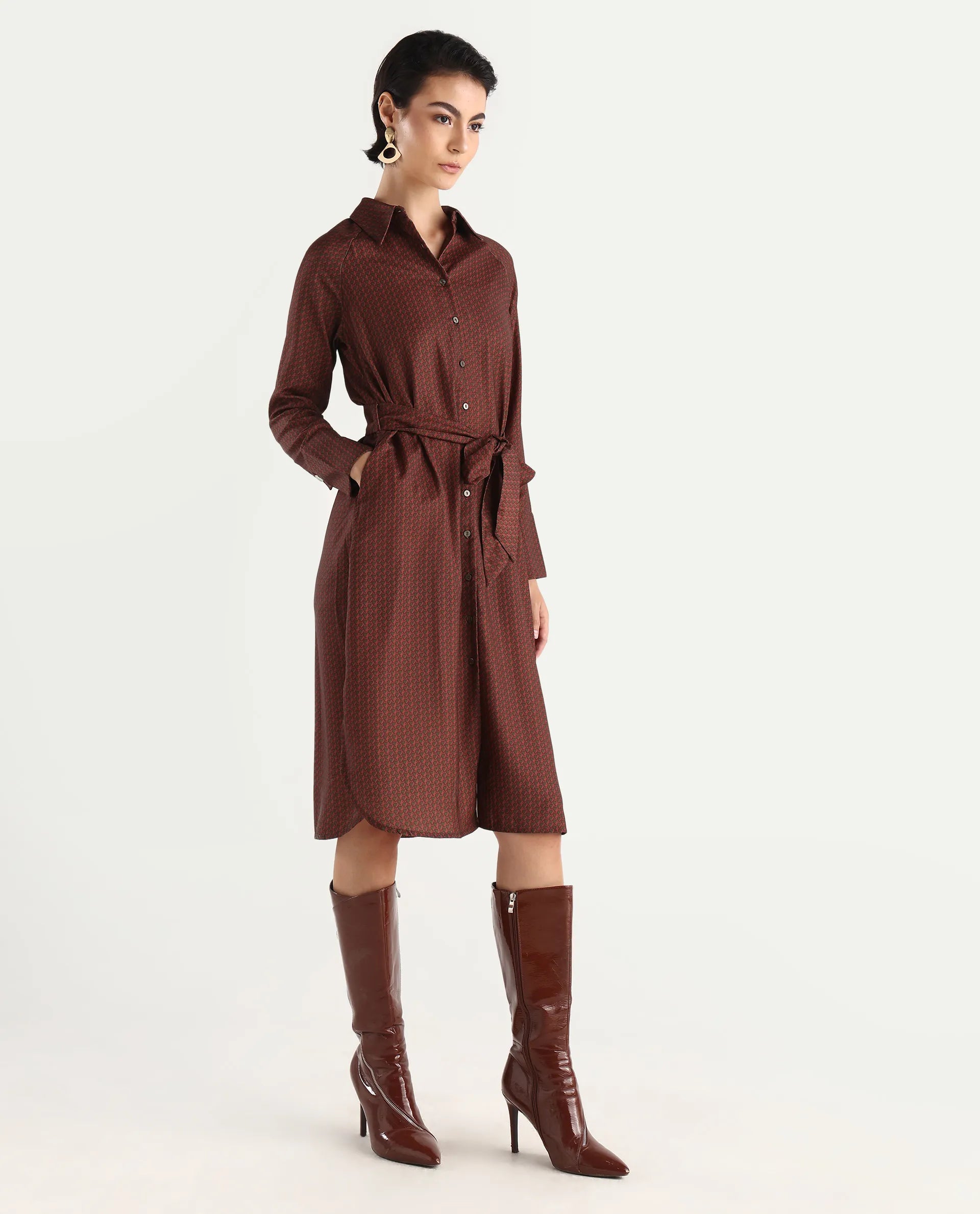 Rareism Women's Paari Multi Polyester Spread Collar Plain Cuffed Sleeve Midi Straight Fit Dress