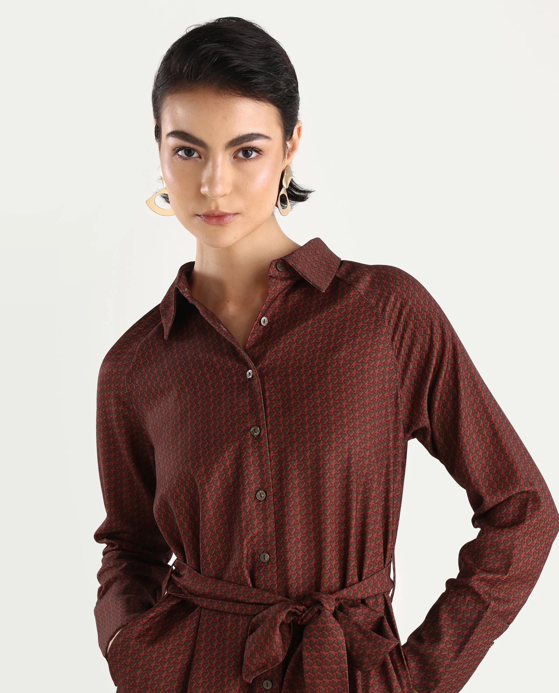 Rareism Women's Paari Multi Polyester Spread Collar Plain Cuffed Sleeve Midi Straight Fit Dress