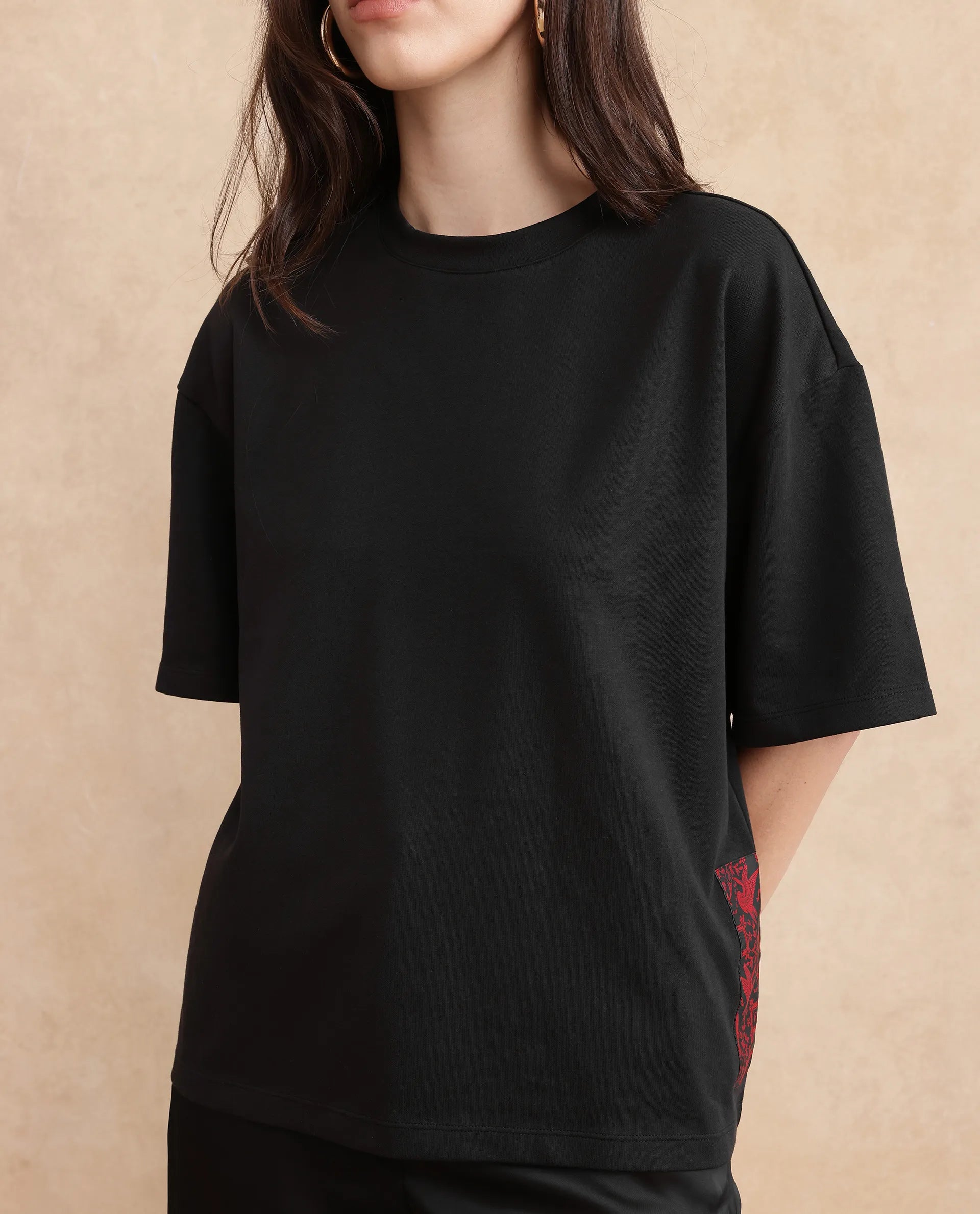 Rareism Women Pach Black Polyester Fabric Short Sleeve Relaxed Fit Plain T-Shirt