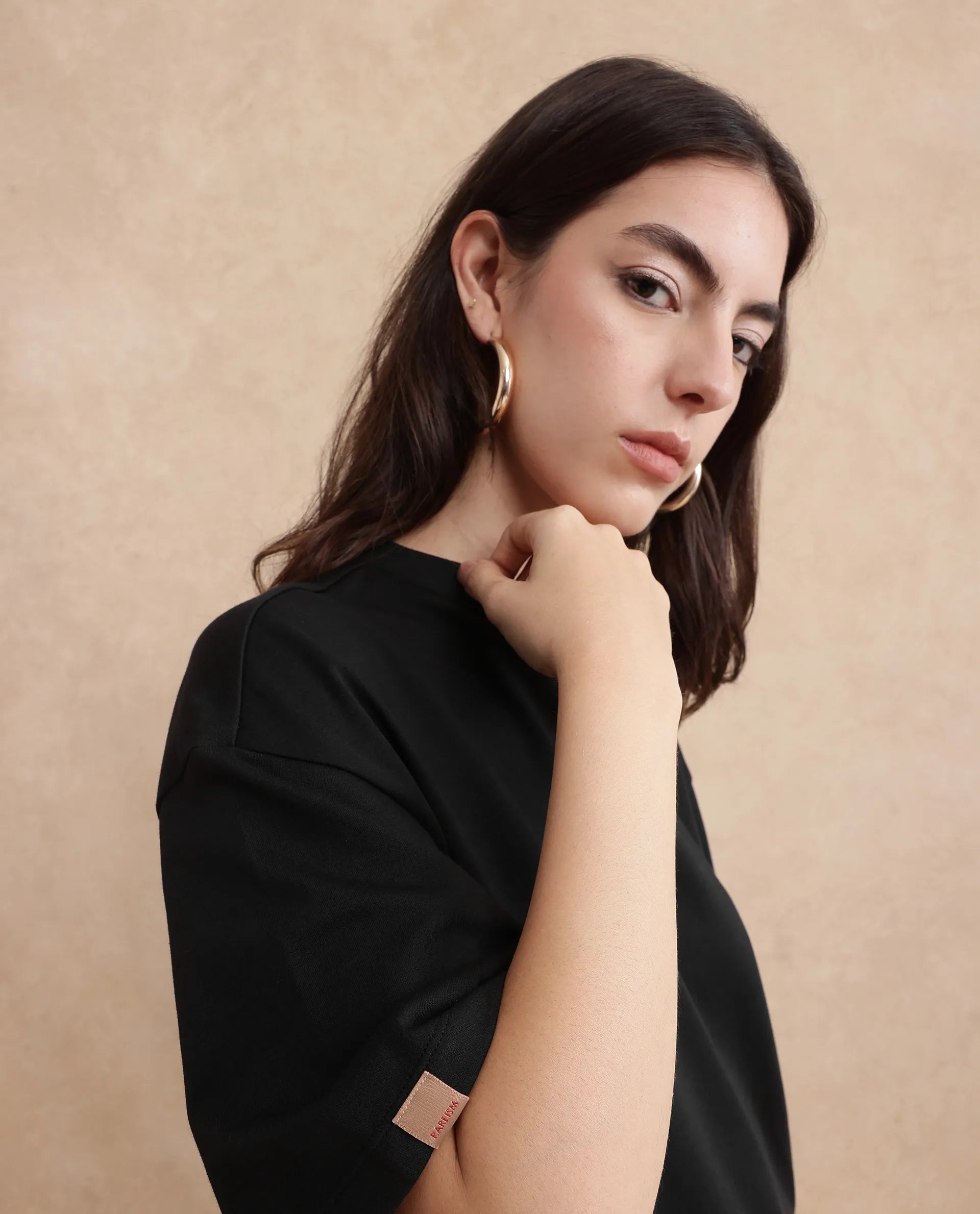 Rareism Women Pach Black Polyester Fabric Short Sleeve Relaxed Fit Plain T-Shirt