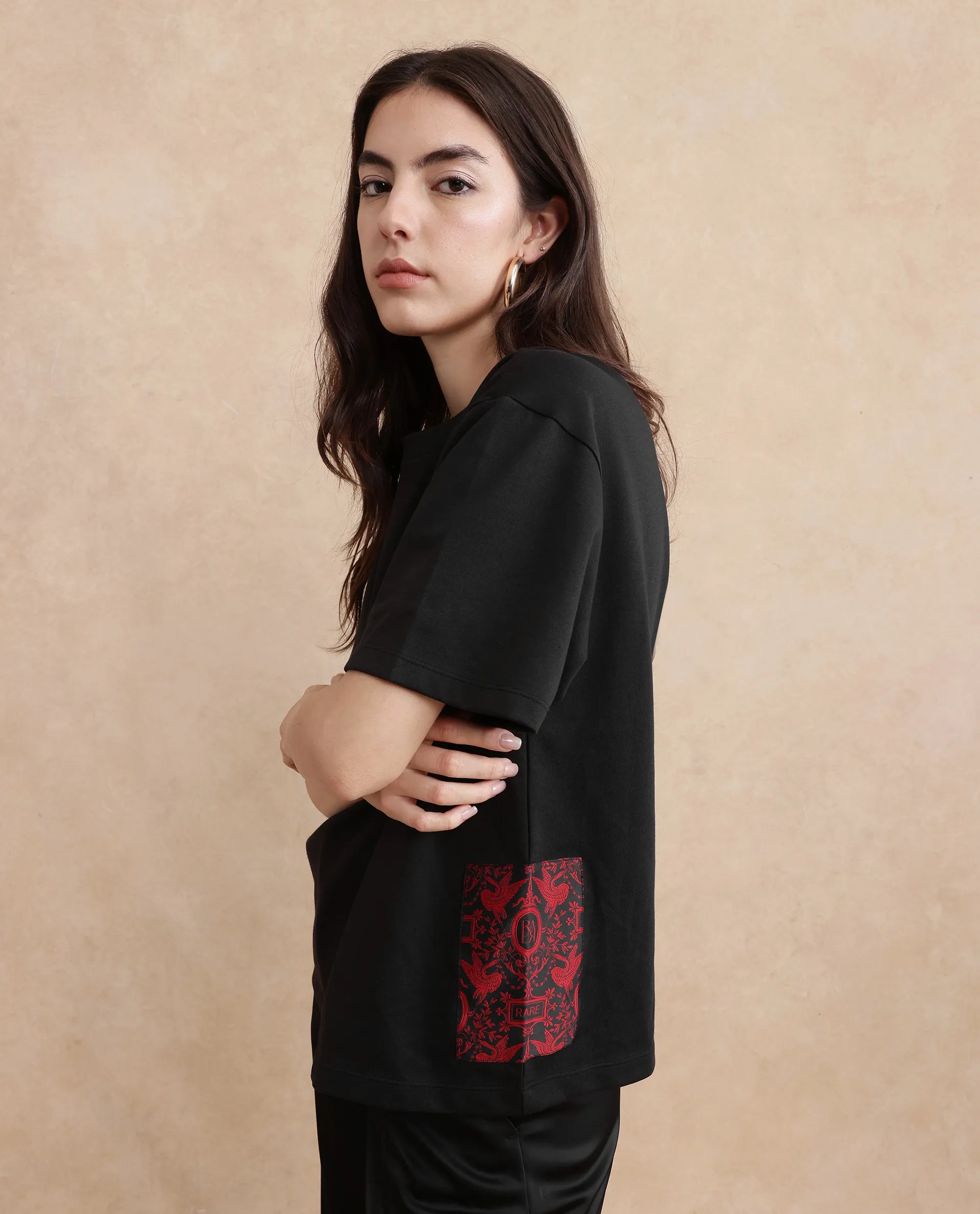 Rareism Women Pach Black Polyester Fabric Short Sleeve Relaxed Fit Plain T-Shirt