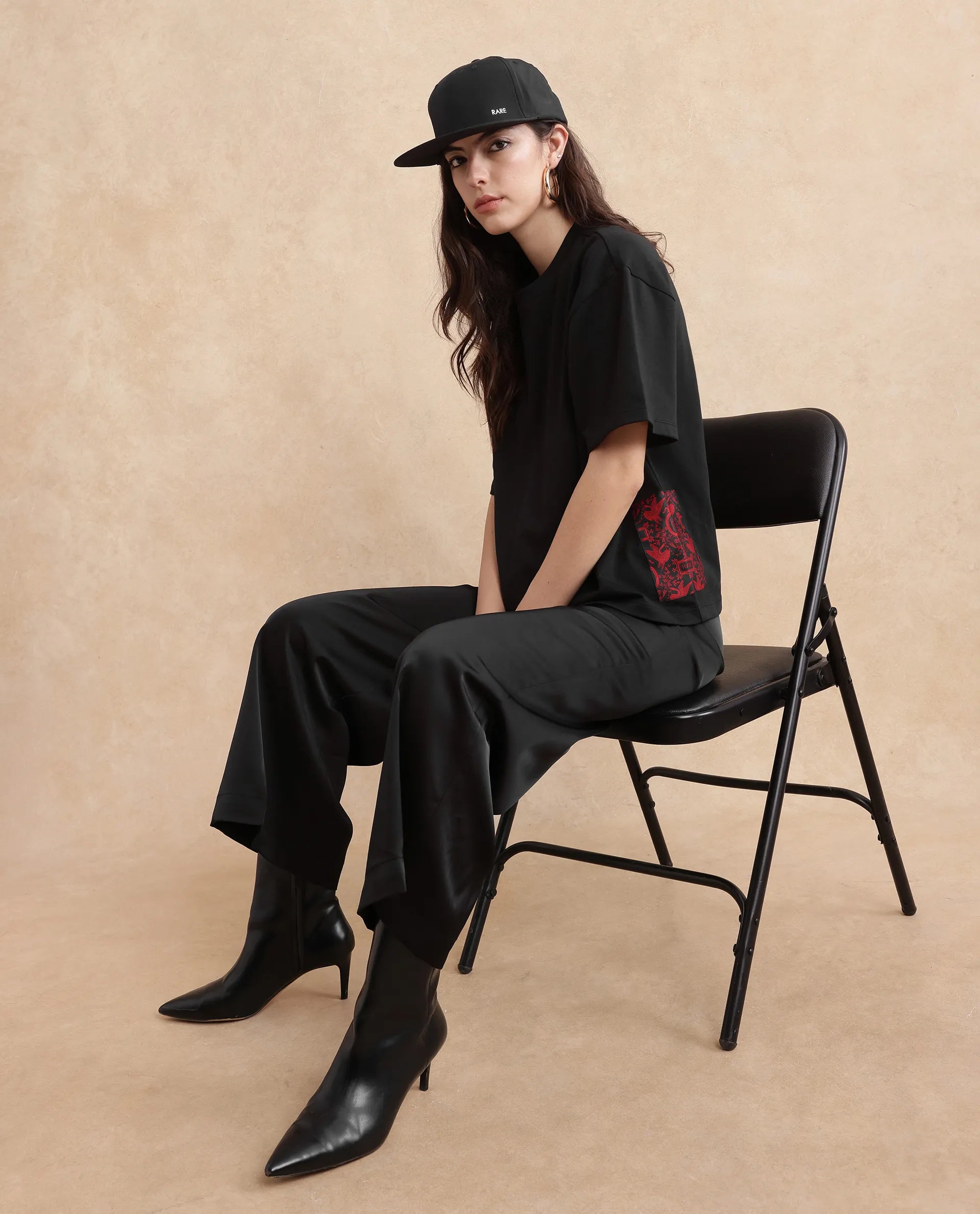 Rareism Women Pach Black Polyester Fabric Short Sleeve Relaxed Fit Plain T-Shirt