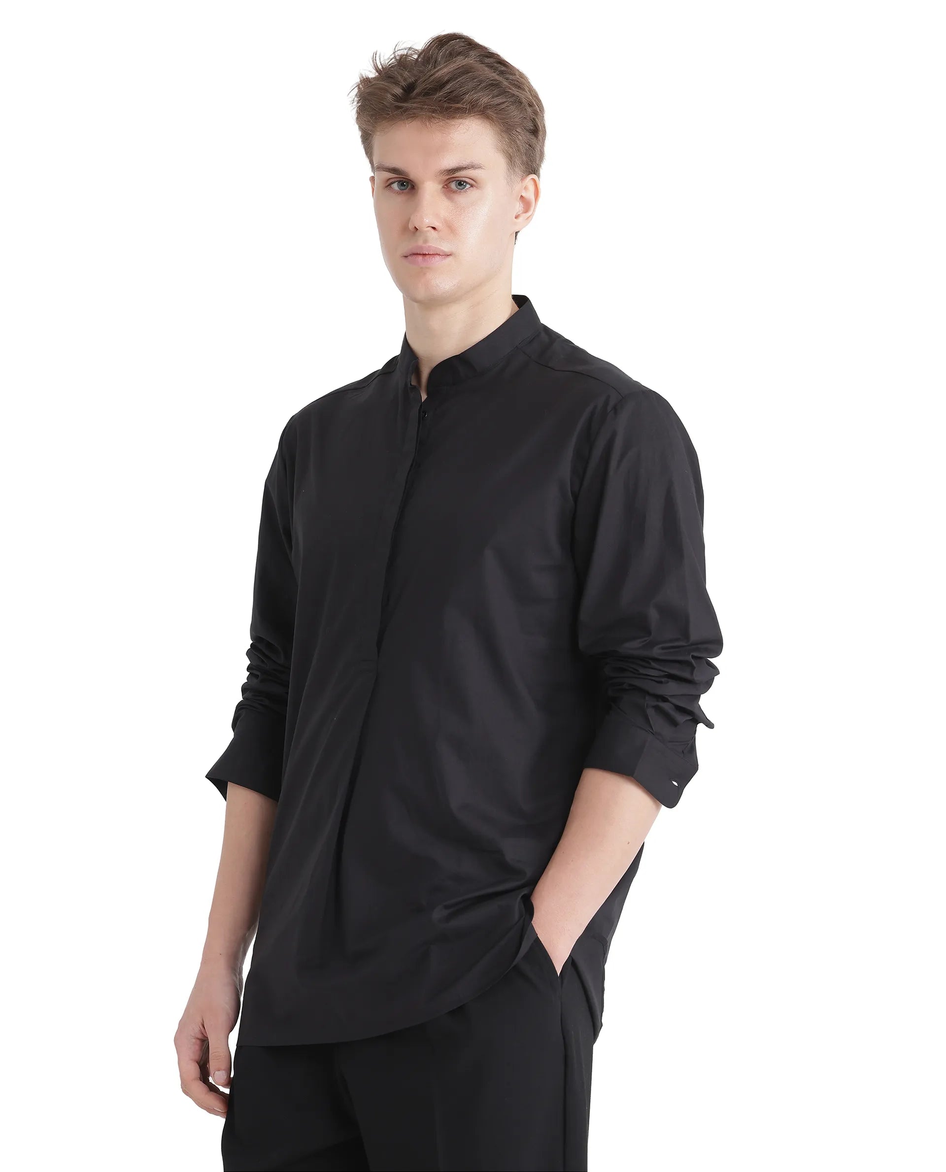 Rare Rabbit Men Pach Black Cotton Fabric Full Sleeve Mandarin Collared Button Closure Regular Fit Plain Shirt