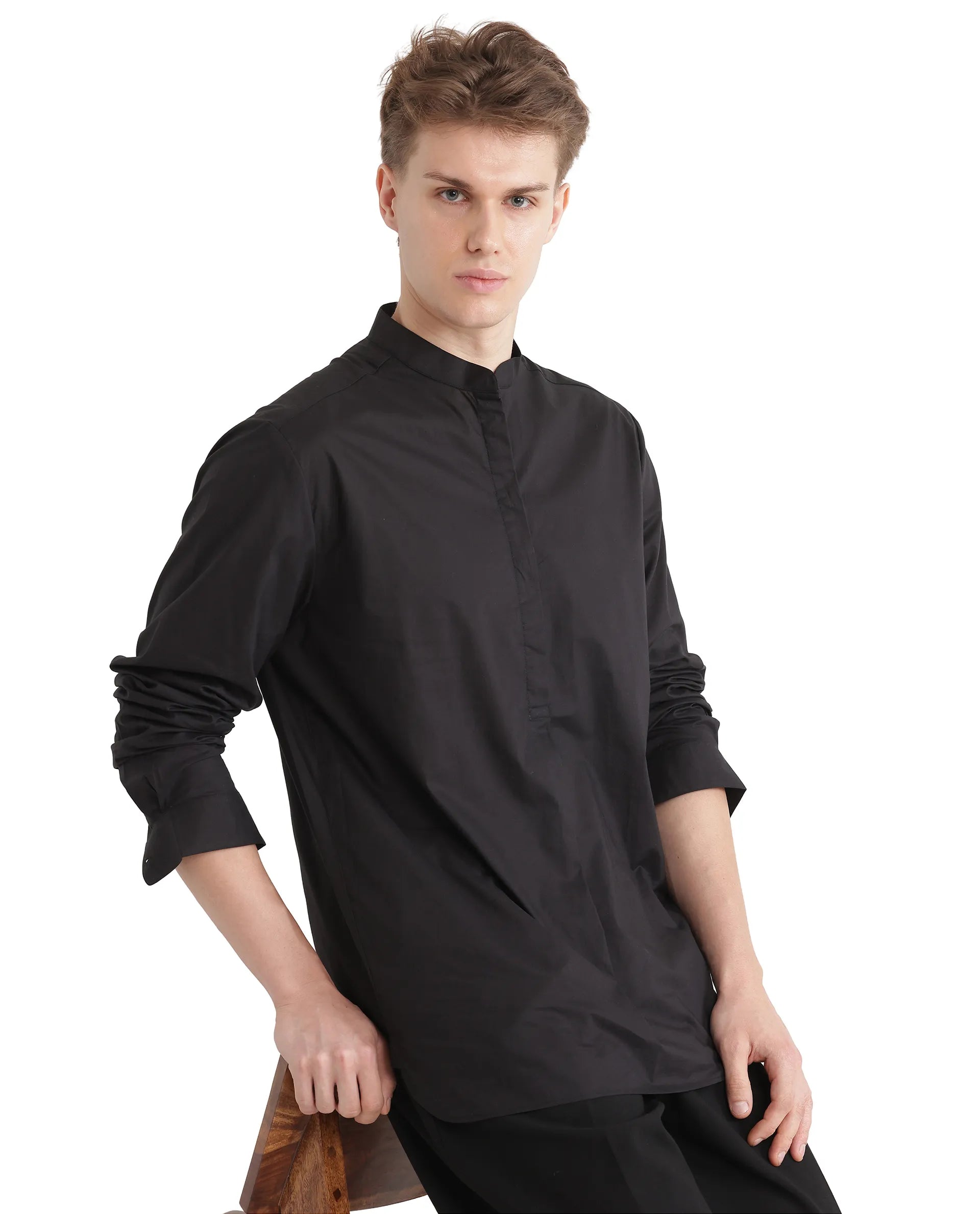 Rare Rabbit Men Pach Black Cotton Fabric Full Sleeve Mandarin Collared Button Closure Regular Fit Plain Shirt