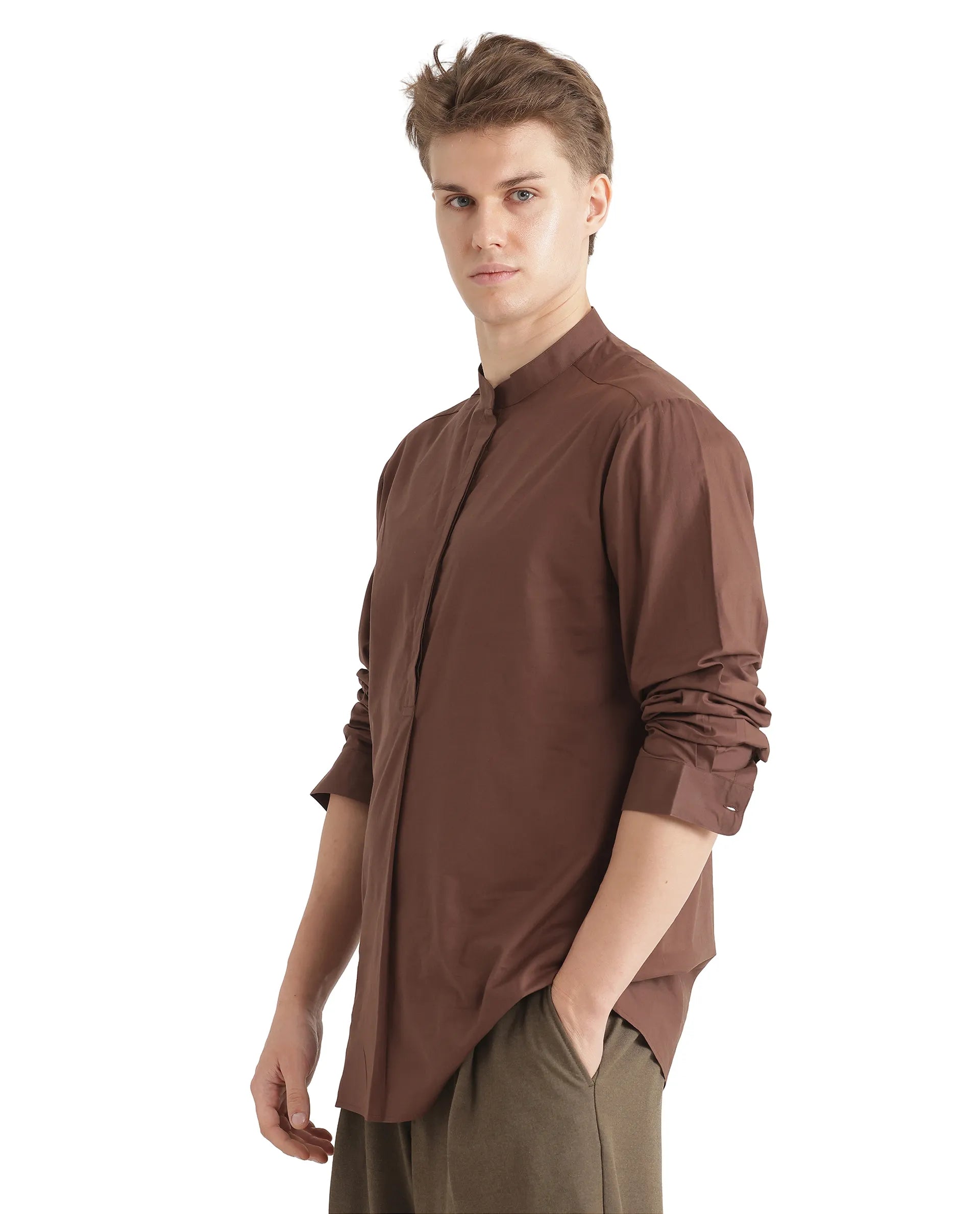 Rare Rabbit Men Pach Brown Cotton Fabric Full Sleeve Mandarin Collared Button Closure Regular Fit Plain Shirt