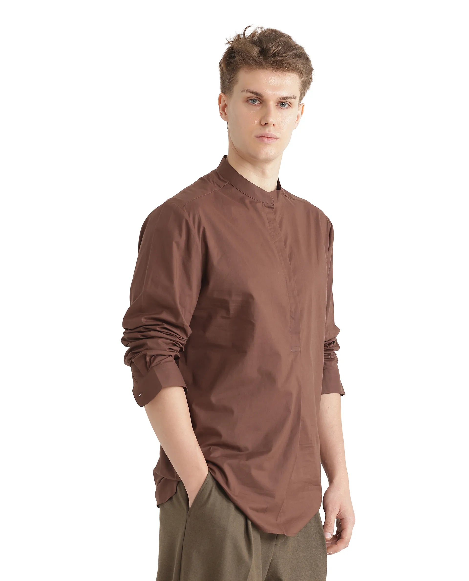 Rare Rabbit Men Pach Brown Cotton Fabric Full Sleeve Mandarin Collared Button Closure Regular Fit Plain Shirt