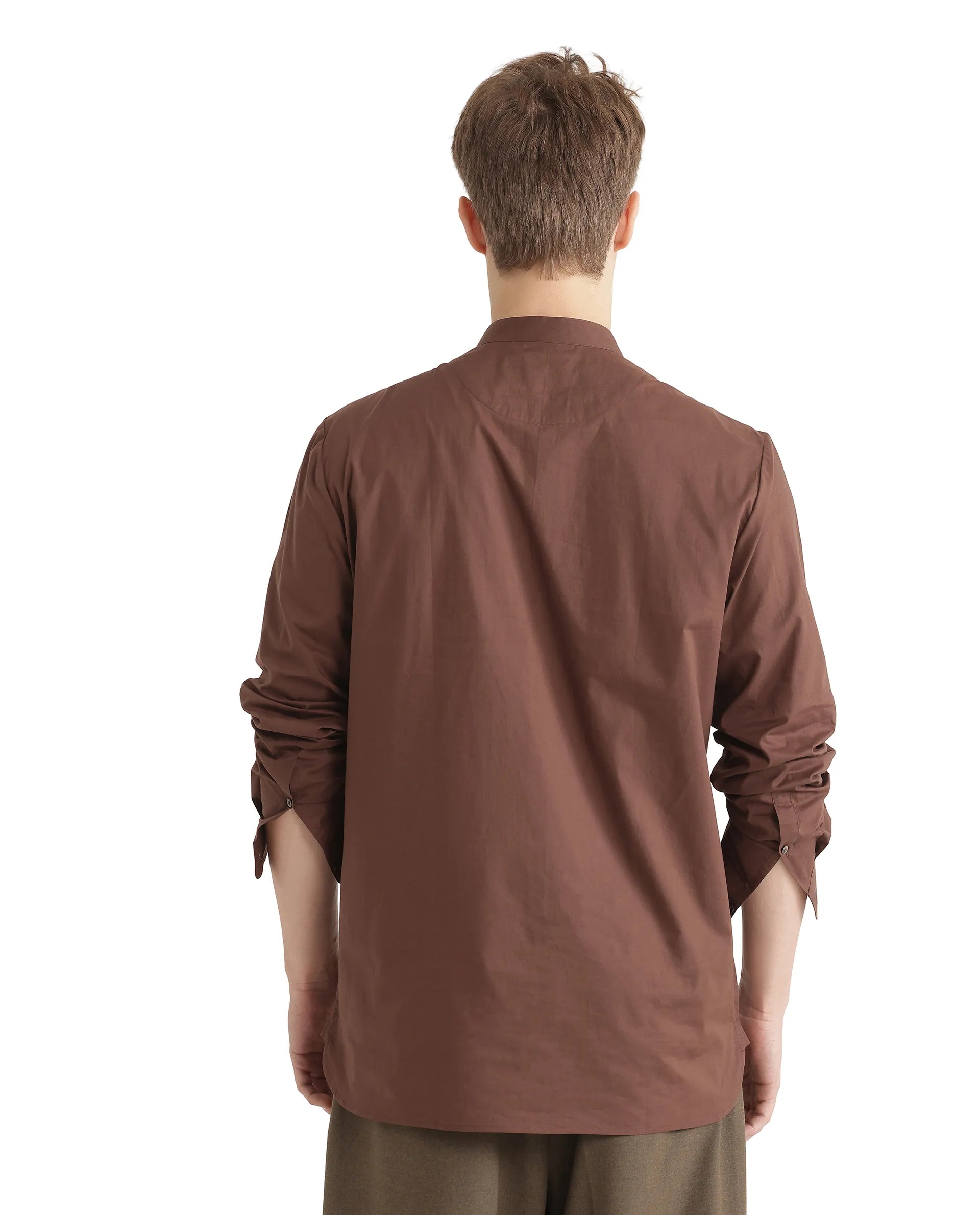 Rare Rabbit Men Pach Brown Cotton Fabric Full Sleeve Mandarin Collared Button Closure Regular Fit Plain Shirt