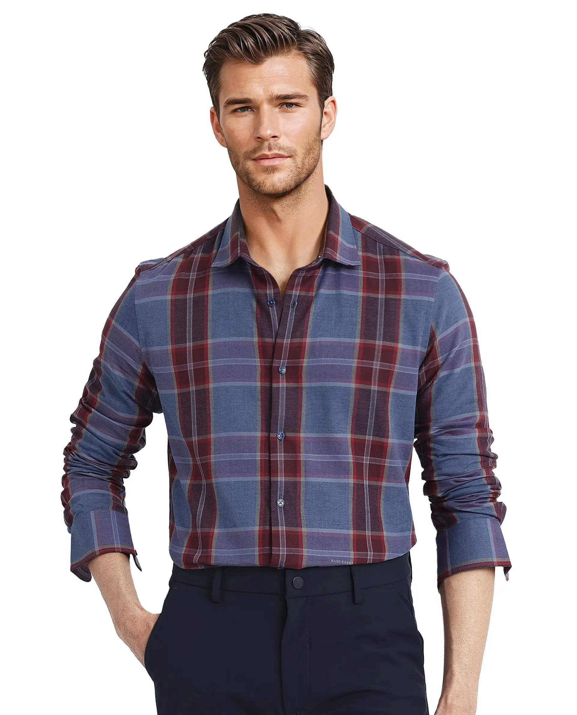 Rare Rabbit  Men's Paina Red Cotton Fabric Full Sleeves Regular Fit Twill Dupplin Checks Shirt