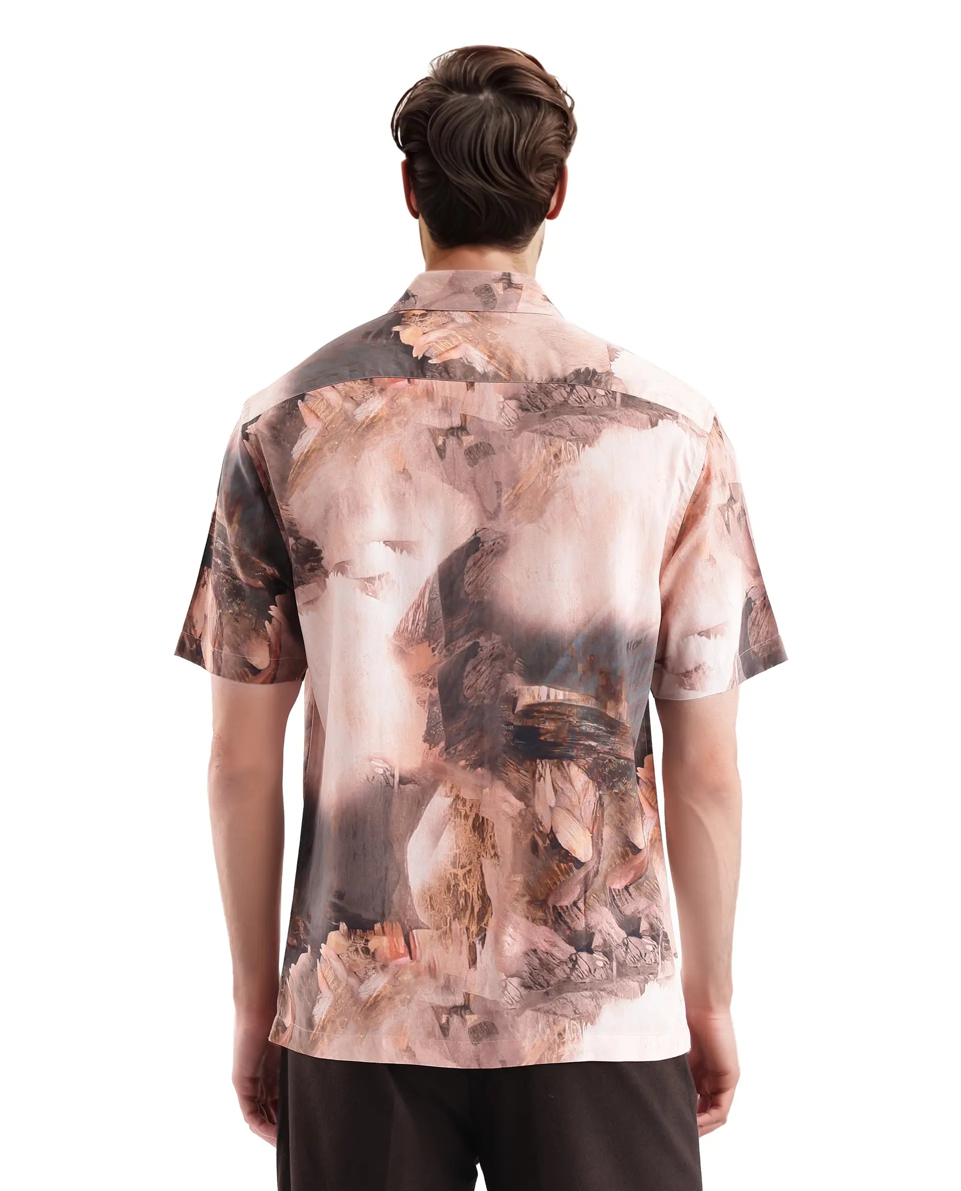 Rare Rabbit Men Painter Peach Cotton Fabric Full Sleeve Collared Neck Button Closure Slim Fit Printed Shirt