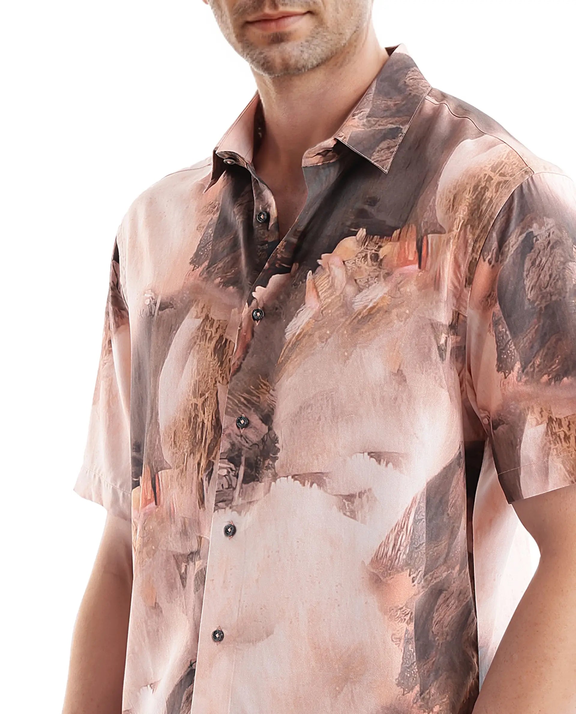 Rare Rabbit Men Painter Peach Cotton Fabric Full Sleeve Collared Neck Button Closure Slim Fit Printed Shirt