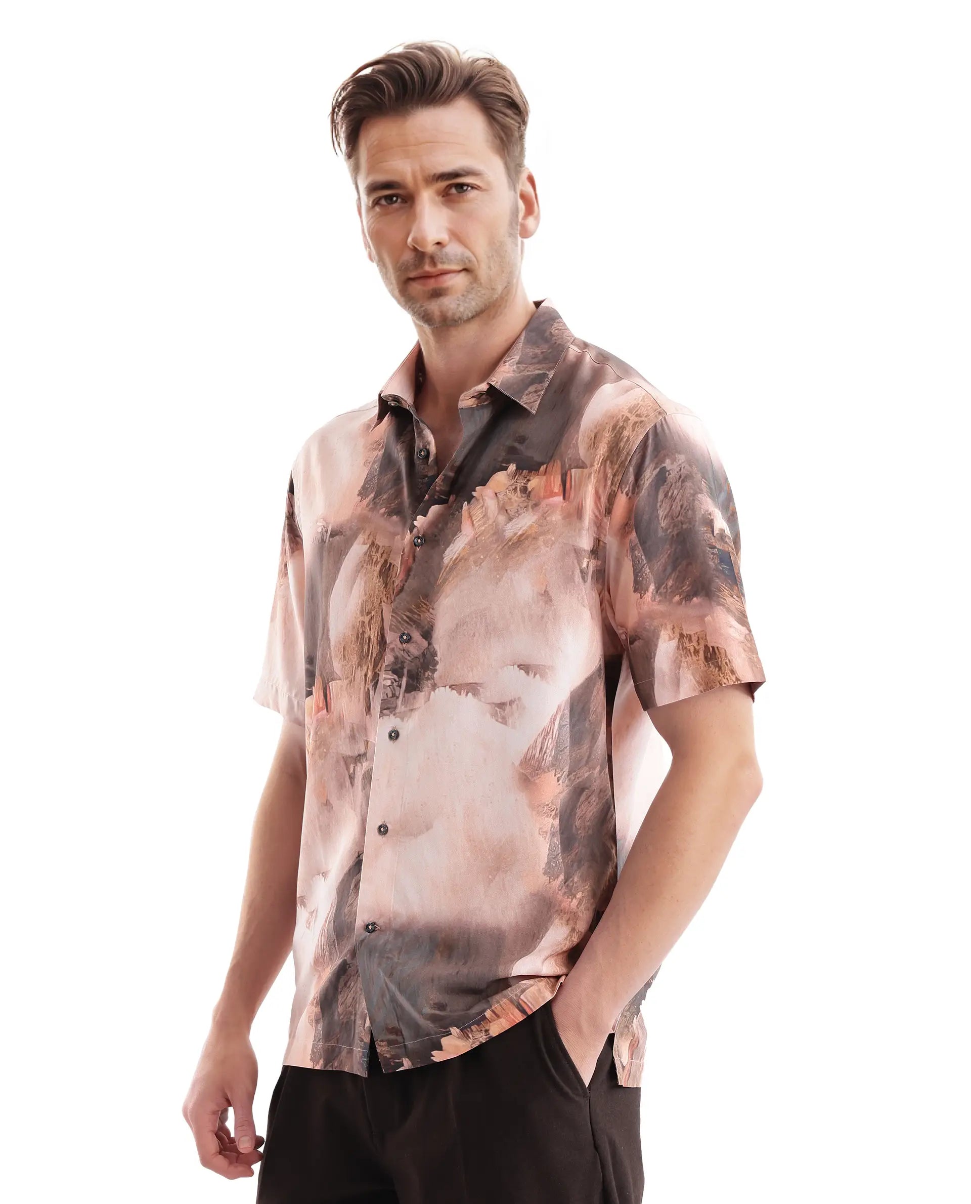 Rare Rabbit Men Painter Peach Cotton Fabric Full Sleeve Collared Neck Button Closure Slim Fit Printed Shirt