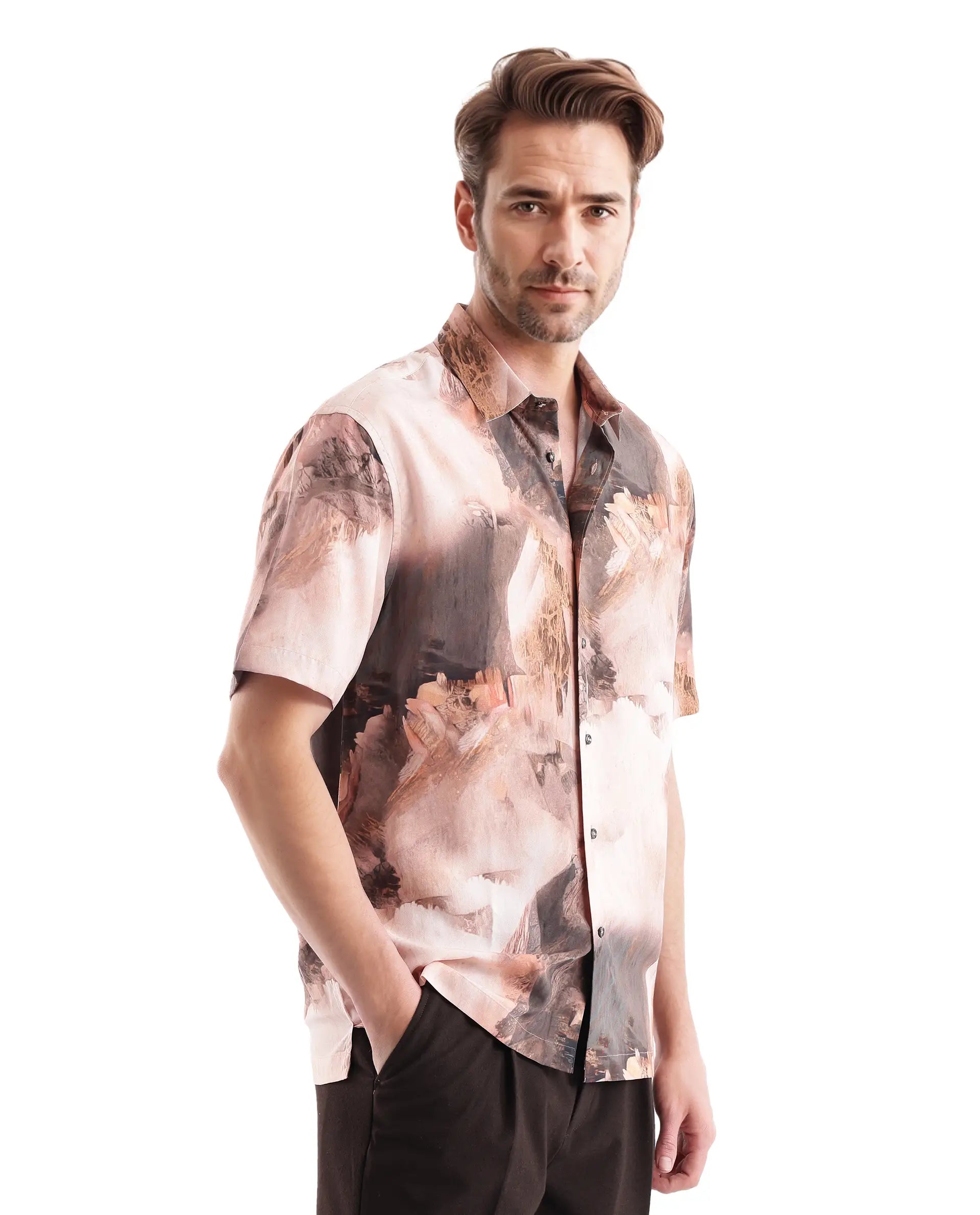 Rare Rabbit Men Painter Peach Cotton Fabric Full Sleeve Collared Neck Button Closure Slim Fit Printed Shirt