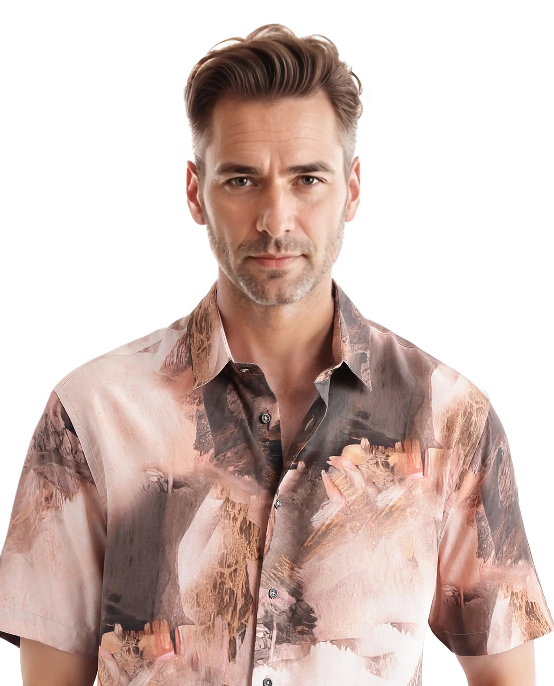 Rare Rabbit Men Painter Peach Cotton Fabric Full Sleeve Collared Neck Button Closure Slim Fit Printed Shirt