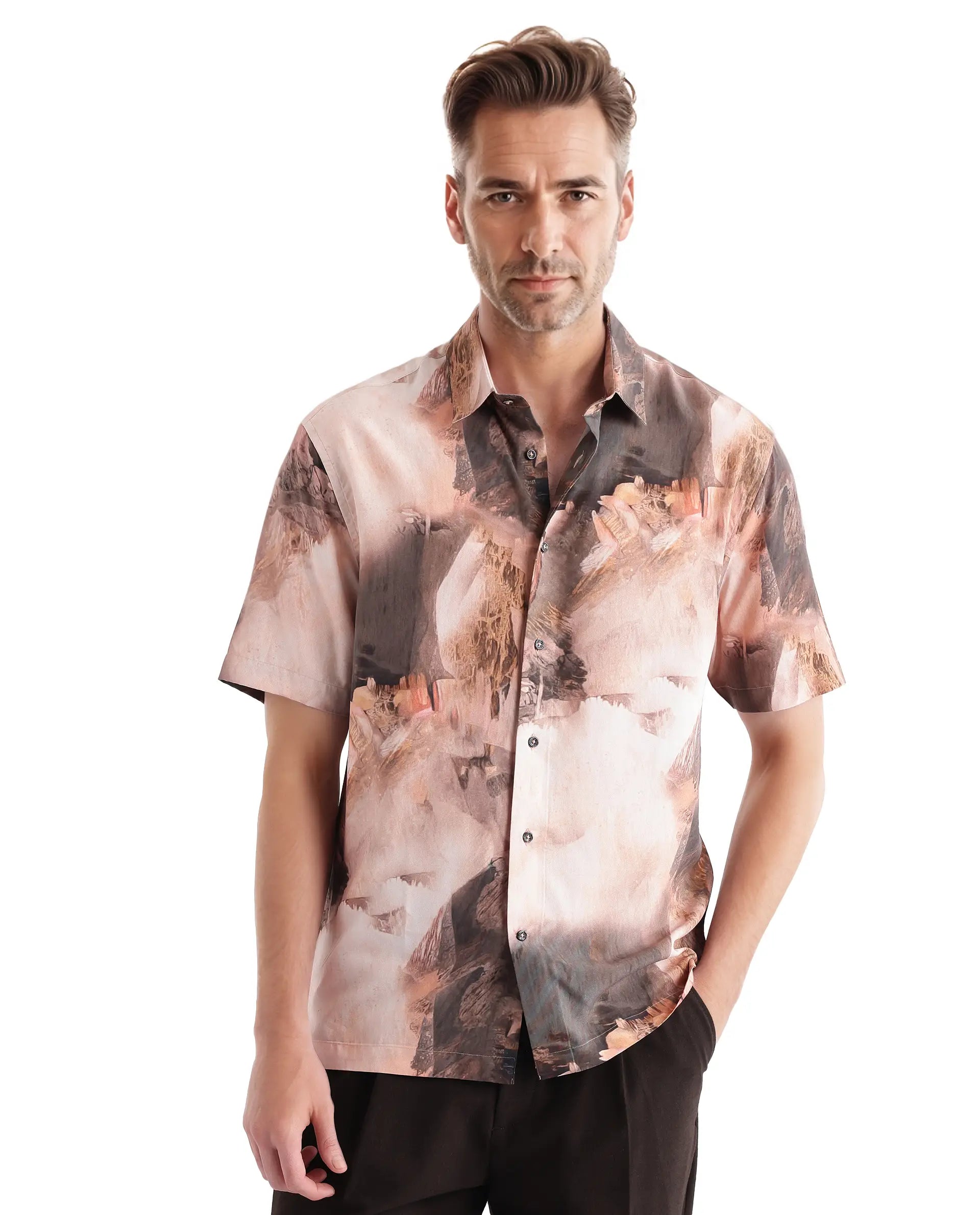 Rare Rabbit Men Painter Peach Cotton Fabric Full Sleeve Collared Neck Button Closure Slim Fit Printed Shirt