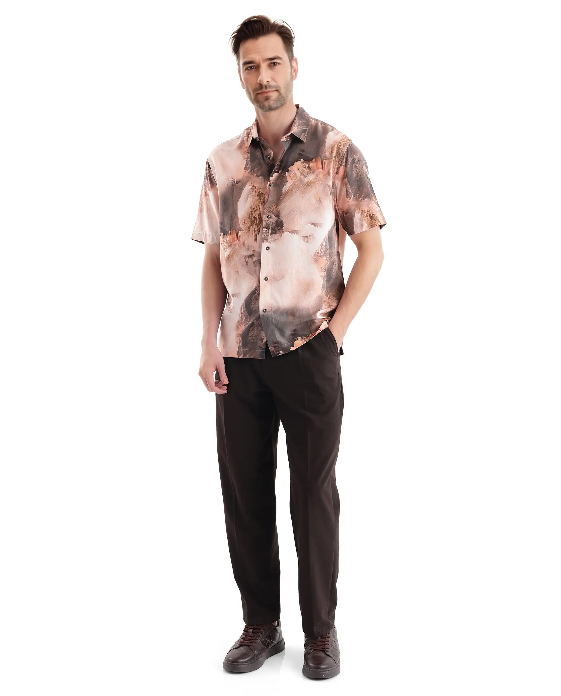 Rare Rabbit Men Painter Peach Cotton Fabric Full Sleeve Collared Neck Button Closure Slim Fit Printed Shirt