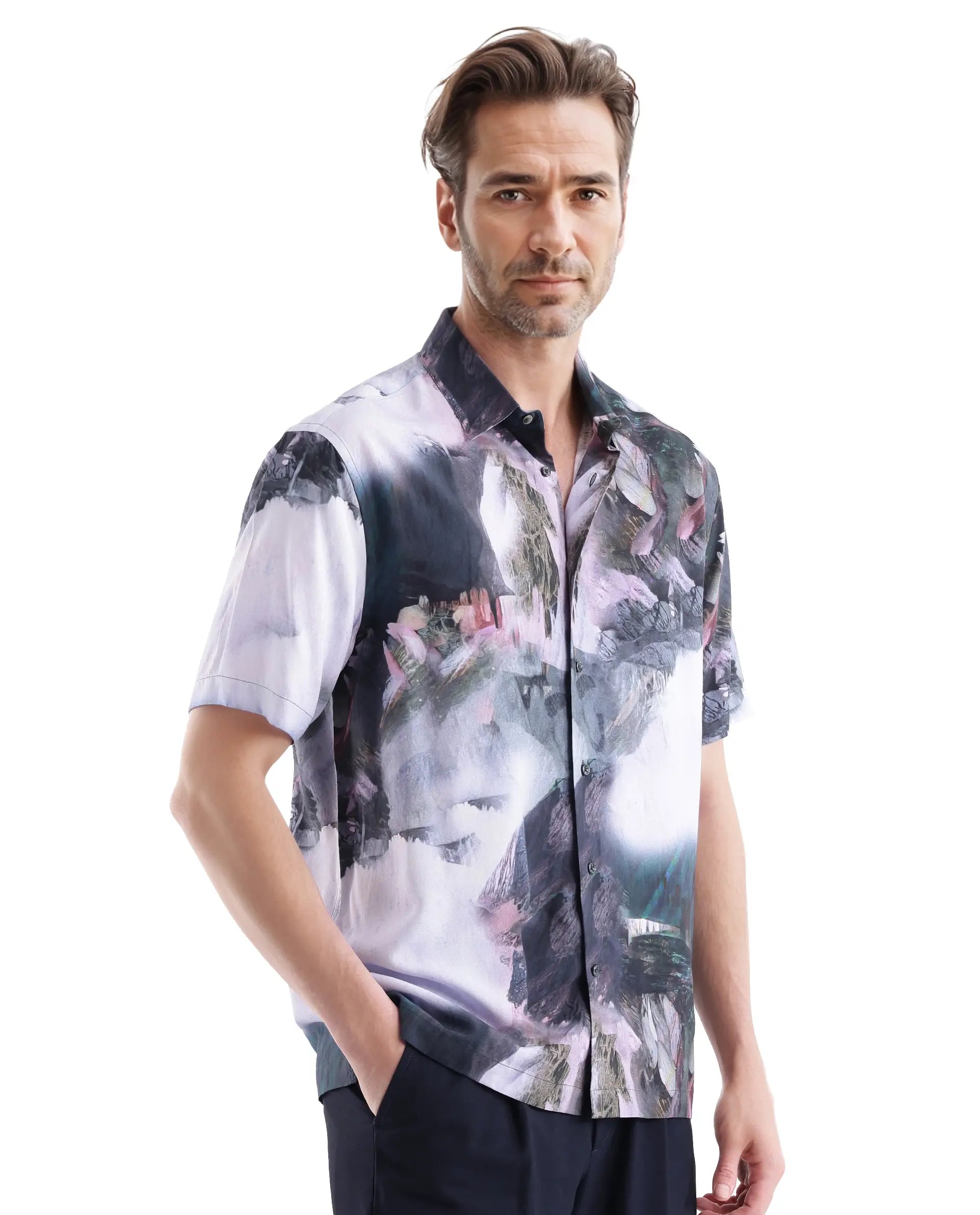 Rare Rabbit Men Painter Purple Cotton Fabric Full Sleeve Collared Neck Button Closure Slim Fit Printed Shirt