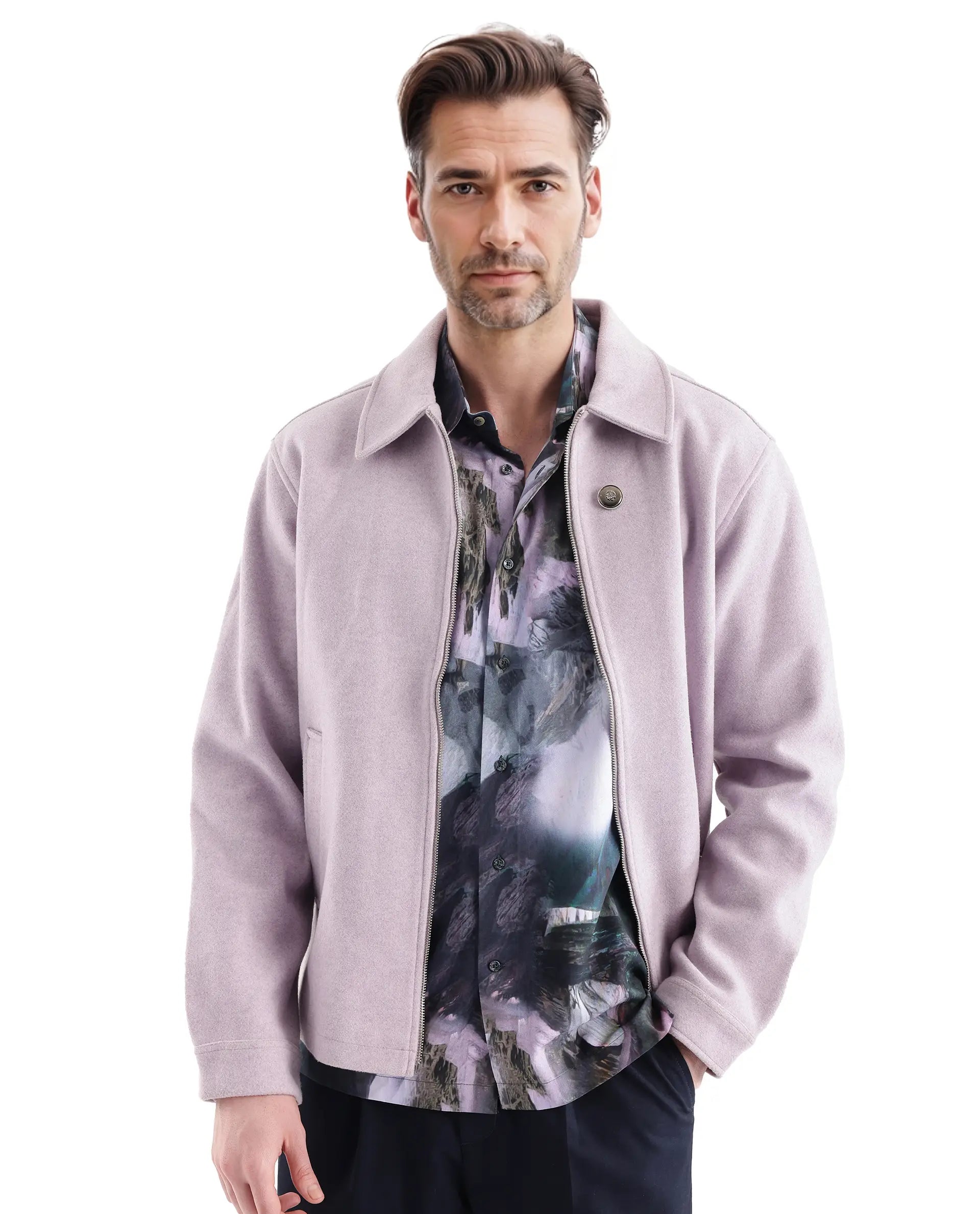 Rare Rabbit Men Painter Purple Cotton Fabric Full Sleeve Collared Neck Button Closure Slim Fit Printed Shirt