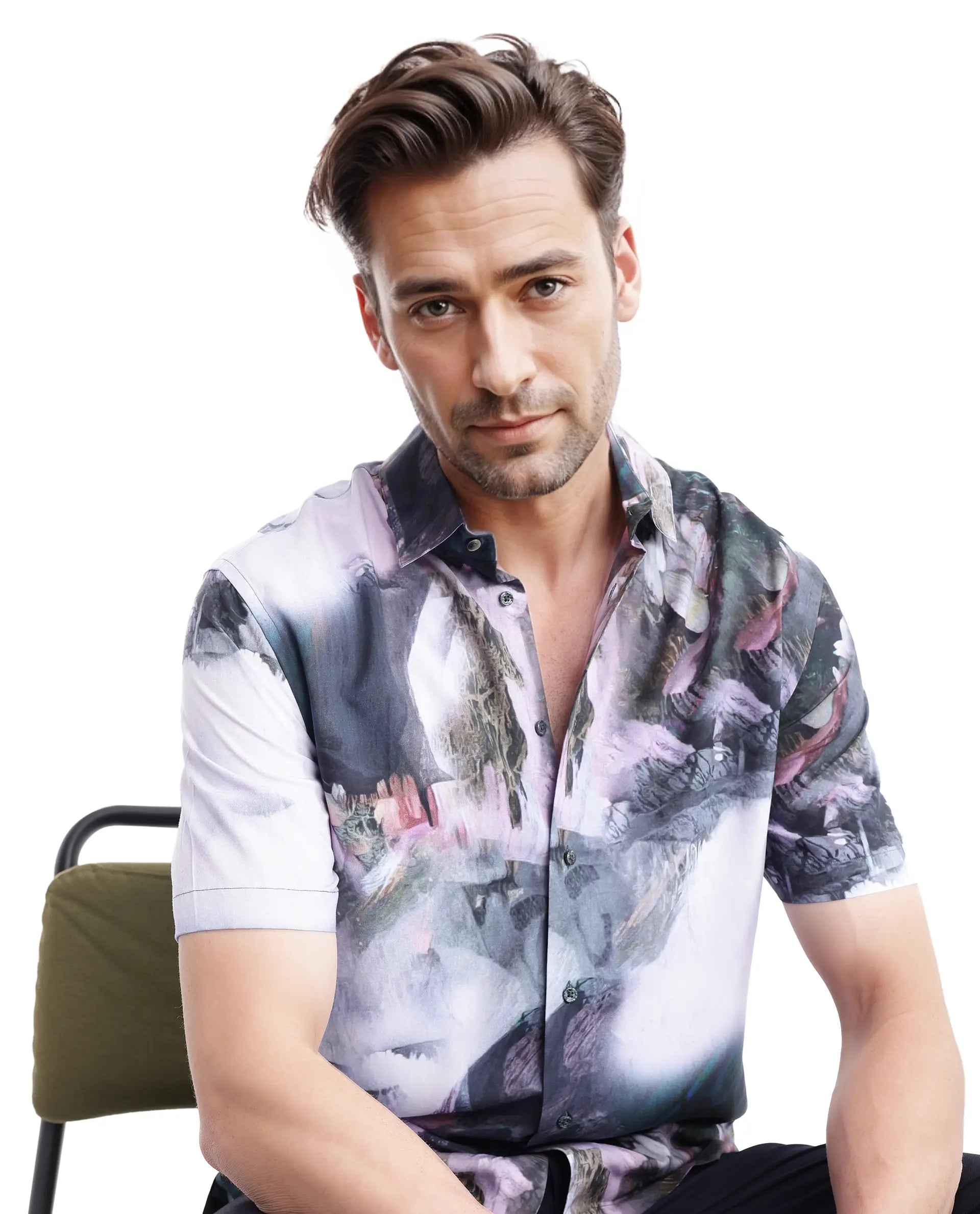 Rare Rabbit Men Painter Purple Cotton Fabric Full Sleeve Collared Neck Button Closure Slim Fit Printed Shirt