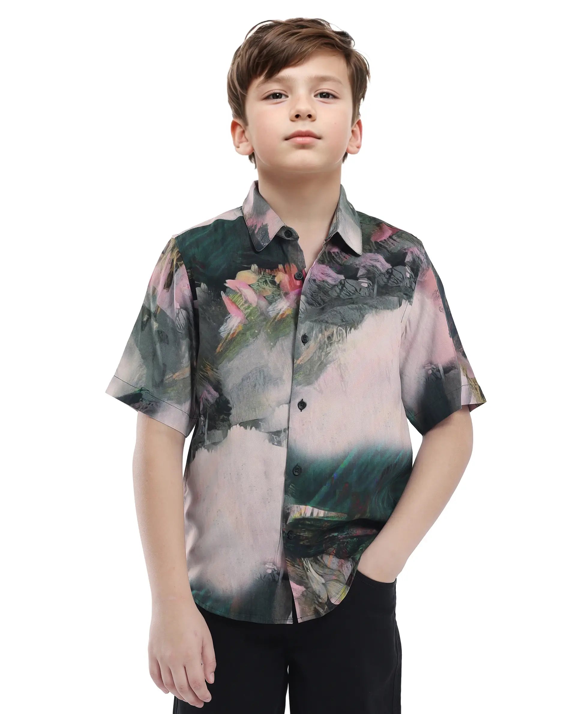 Rare Ones Kids Paint Green Viscose Half Sleeve Button Printed Regular Fit Shirt