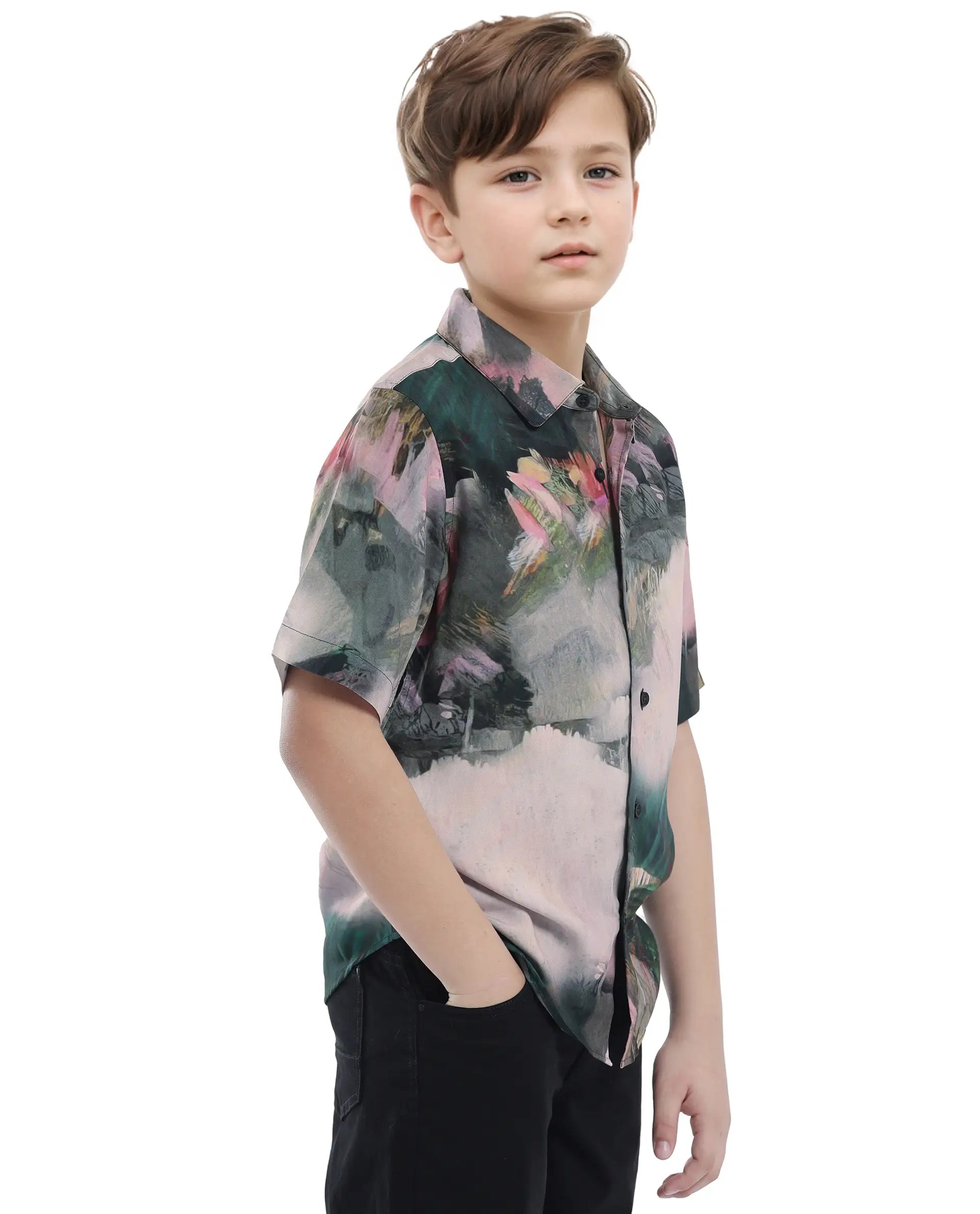 Rare Ones Kids Paint Green Viscose Half Sleeve Button Printed Regular Fit Shirt