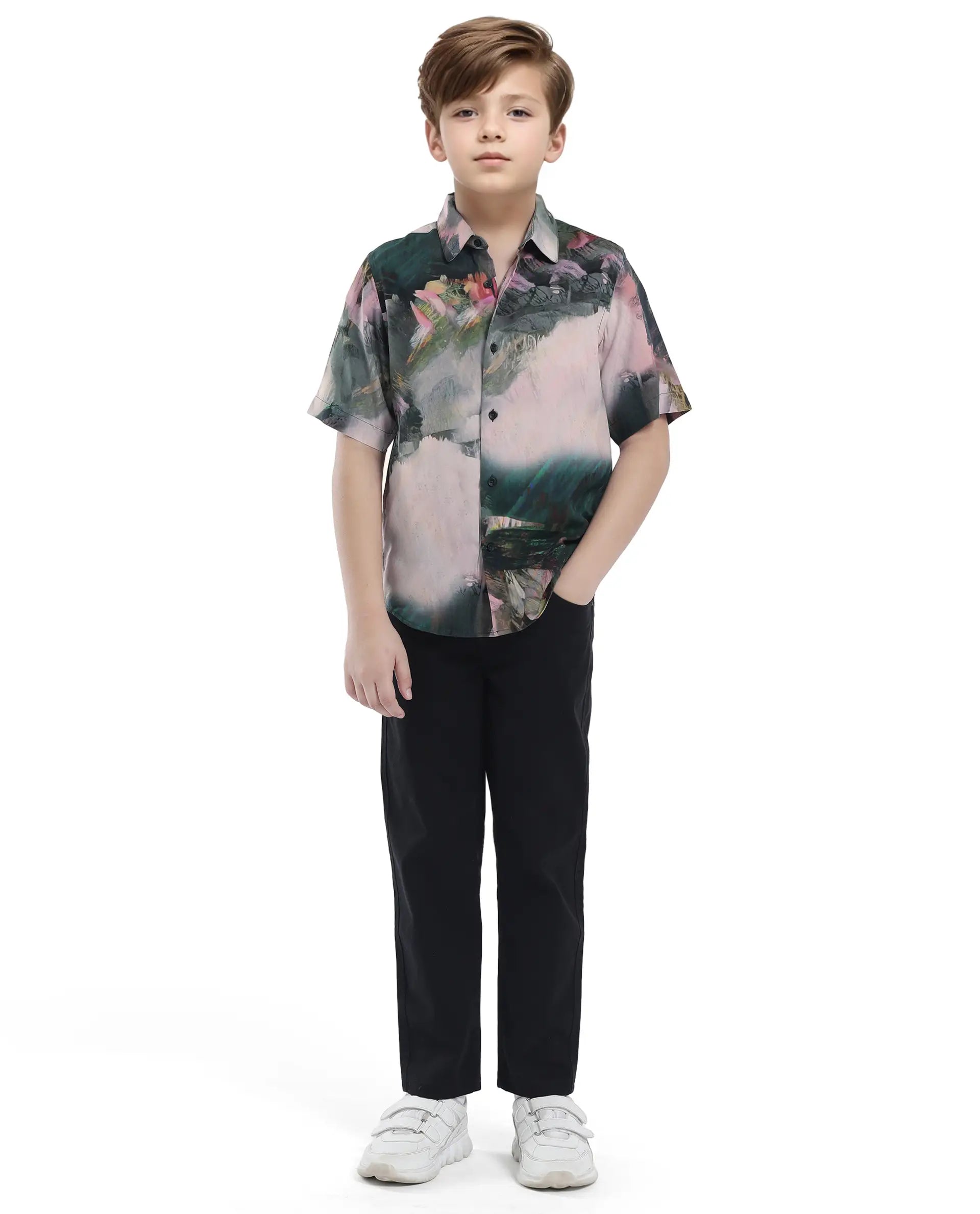 Rare Ones Kids Paint Green Viscose Half Sleeve Button Printed Regular Fit Shirt