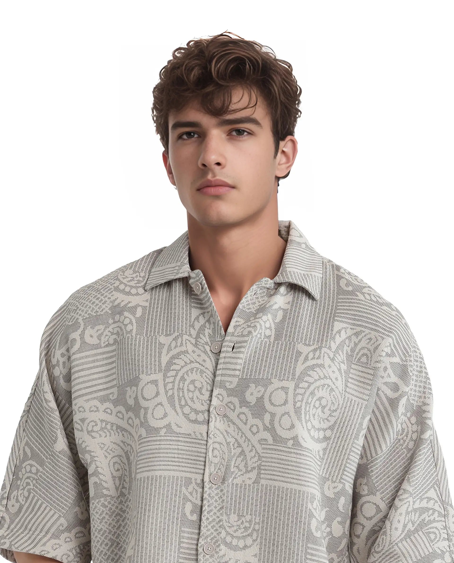 Rare Rabbit Men's Paisit Grey Cotton Fabric Short Sleeve Cuban Collared Button Closure Jacquard Shirt
