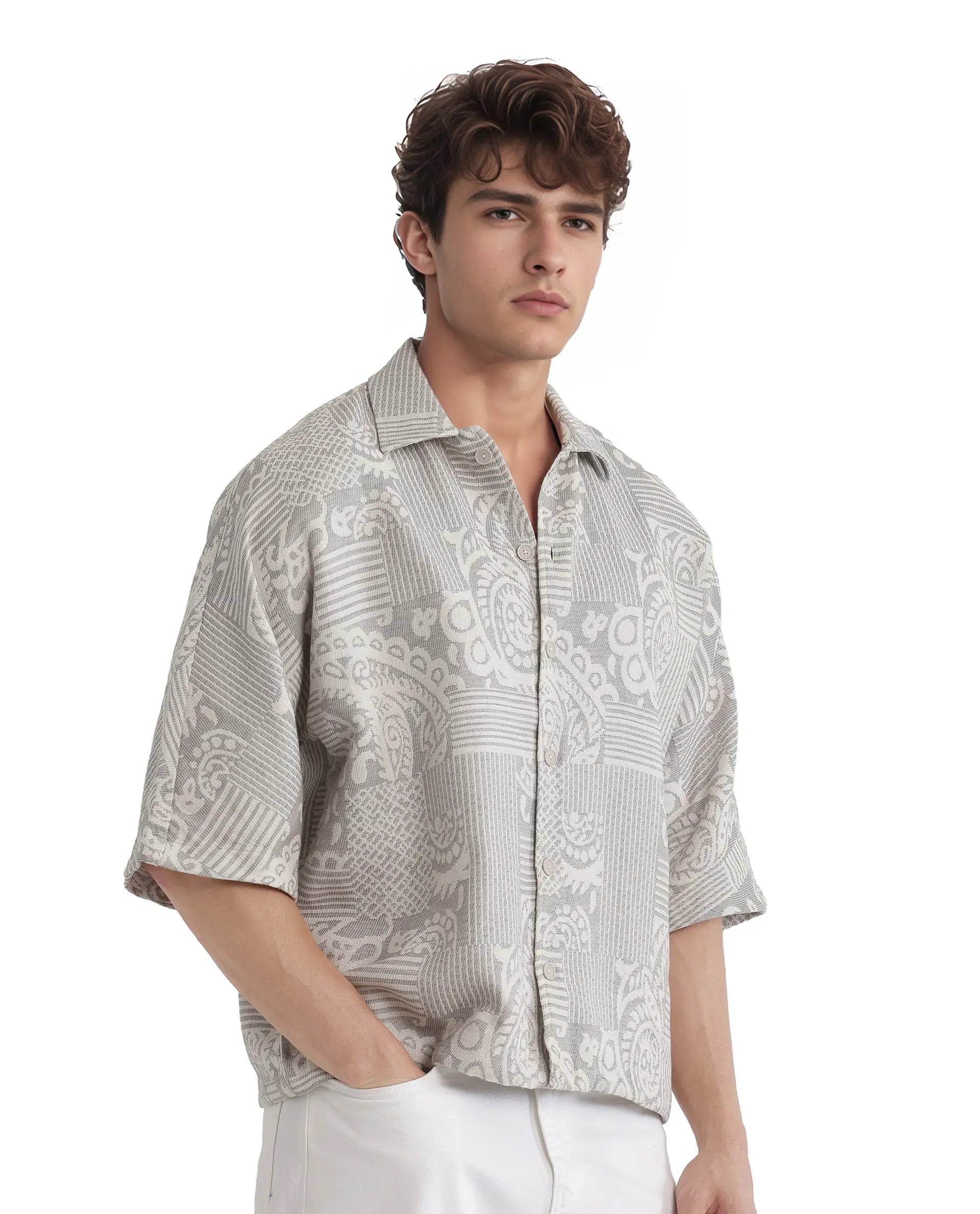 Rare Rabbit Men's Paisit Grey Cotton Fabric Short Sleeve Cuban Collared Button Closure Jacquard Shirt
