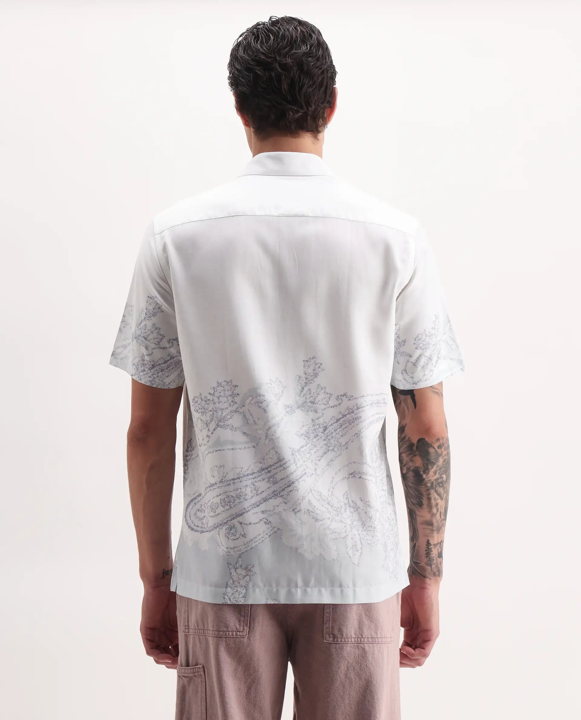 Rare Rabbit Men's Pais White Cotton Blend Paisley Print Relaxed Fit Half Sleeve Collared Shirt
