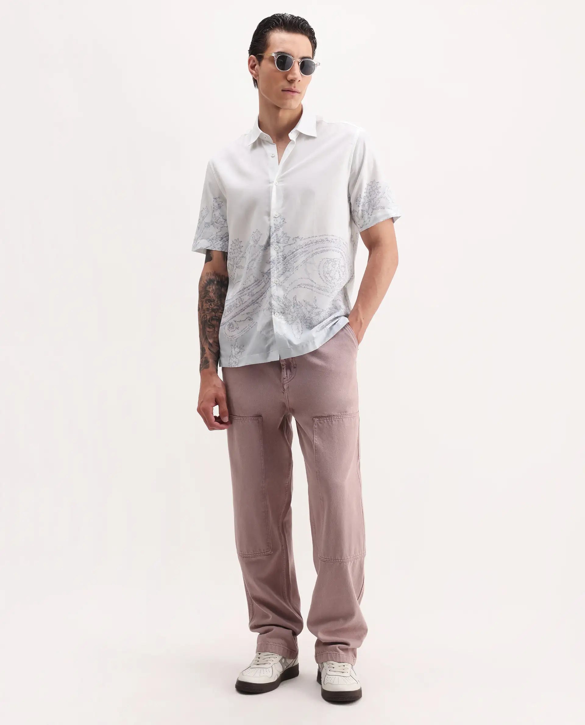 Rare Rabbit Men's Pais White Cotton Blend Paisley Print Relaxed Fit Half Sleeve Collared Shirt