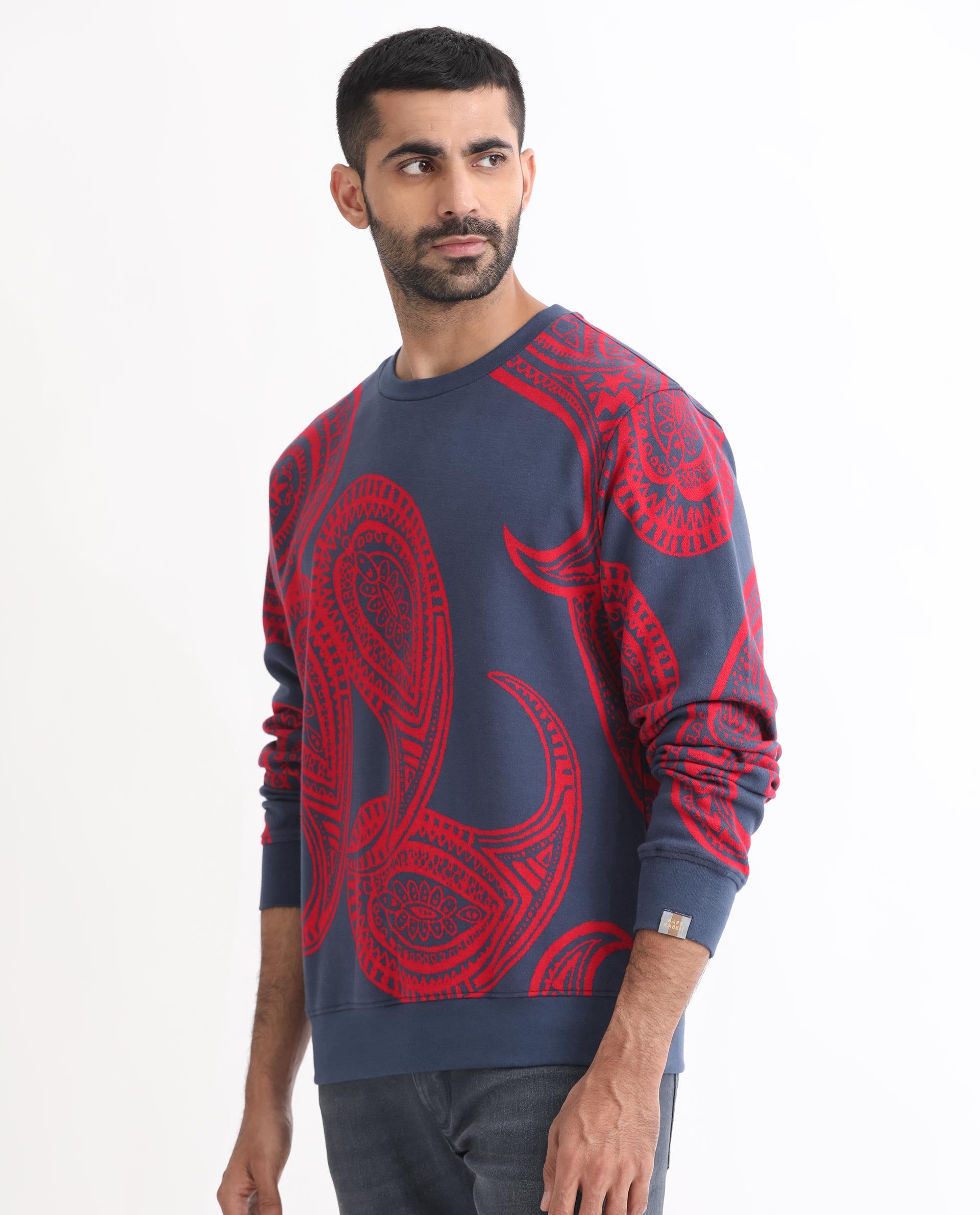 Rare Rabbit Men's Paiza Dusky Blue Cotton Polyester Fabric Full Sleeves Paisley Print Knitted Sweatshirt
