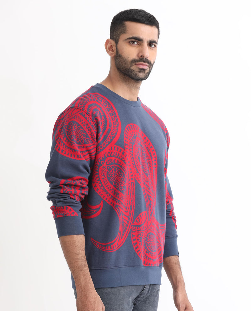 RARE RABBIT MENS PAIZA DUSKY BLUE SWEATSHIRT COTTON POLYESTER FABRIC ROUND NECK KNITTED FULL SLEEVES COMFORTABLE FIT