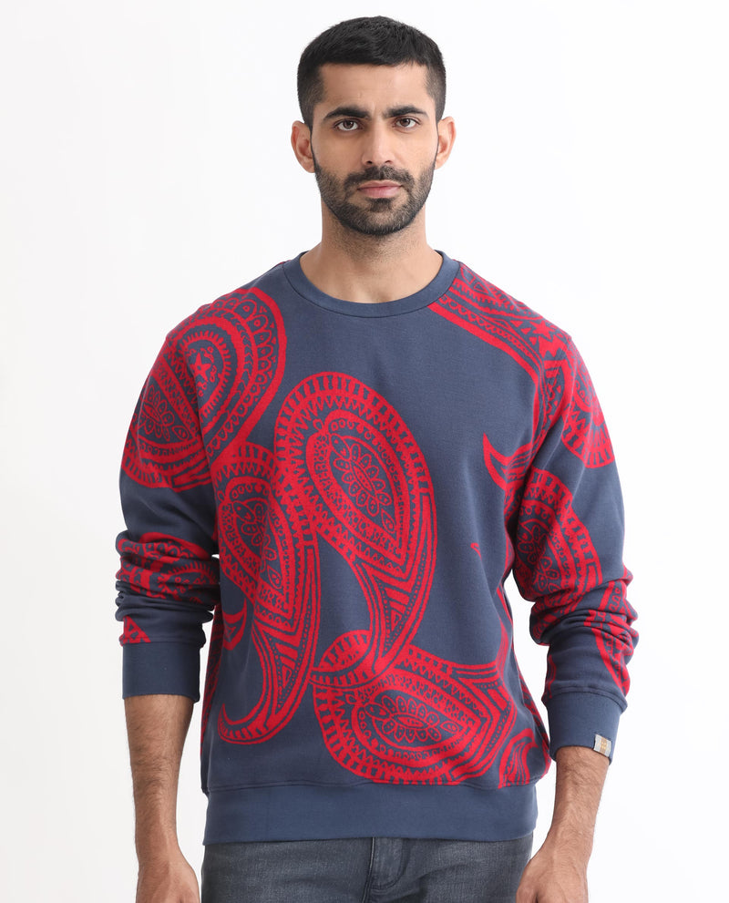 Rare Rabbit Men's Paiza Dusky Blue Cotton Polyester Fabric Full Sleeves Paisley Print Knitted Sweatshirt