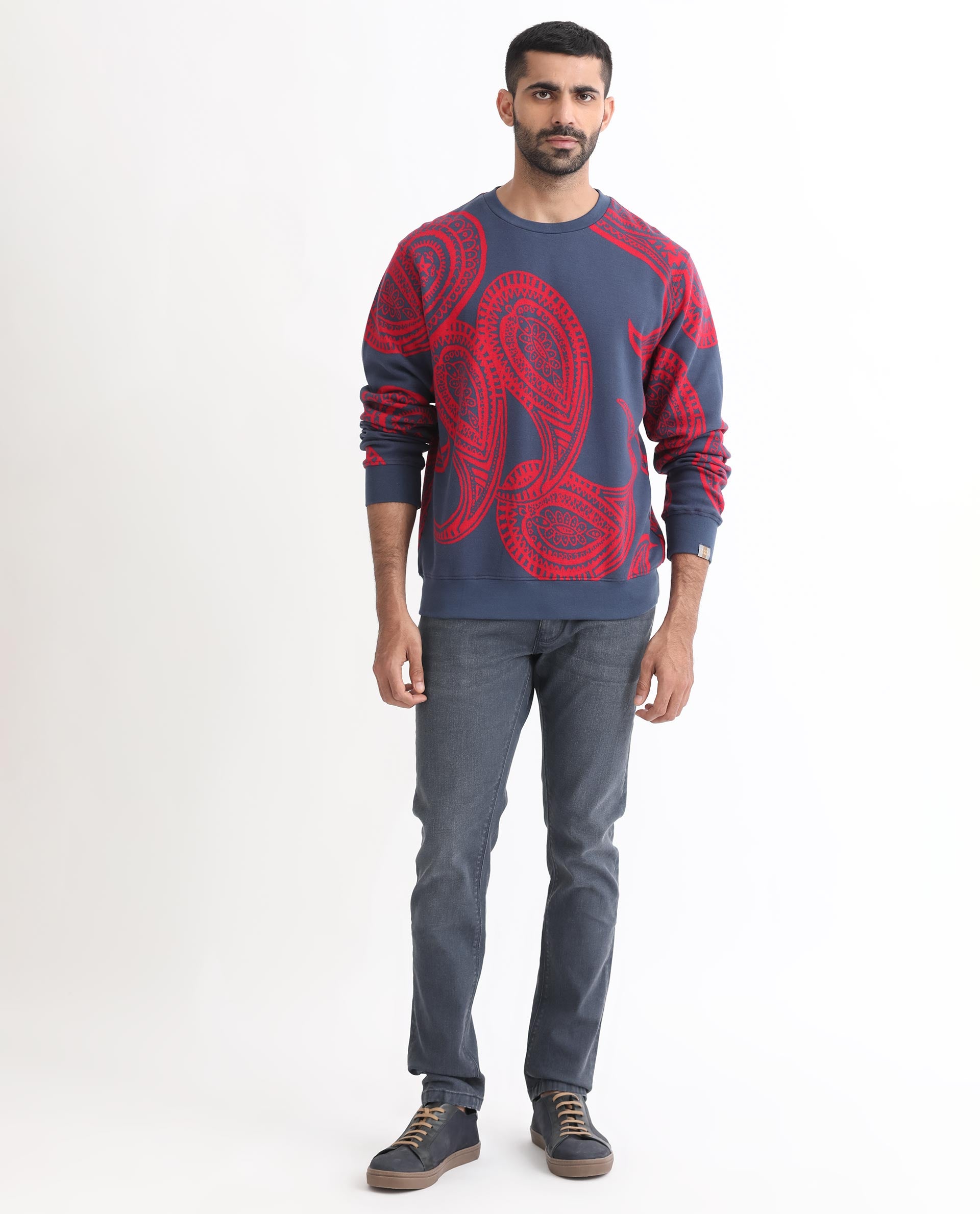 Rare Rabbit Men's Paiza Dusky Blue Cotton Polyester Fabric Full Sleeves Paisley Print Knitted Sweatshirt